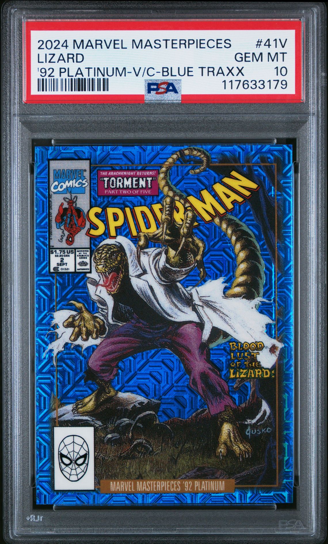 2024 Upper Deck Marvel Masterpieces '92 Platinum Lizard #41V ('92 Platinum-V/C-Blue Traxx) Gem Mt 10 front