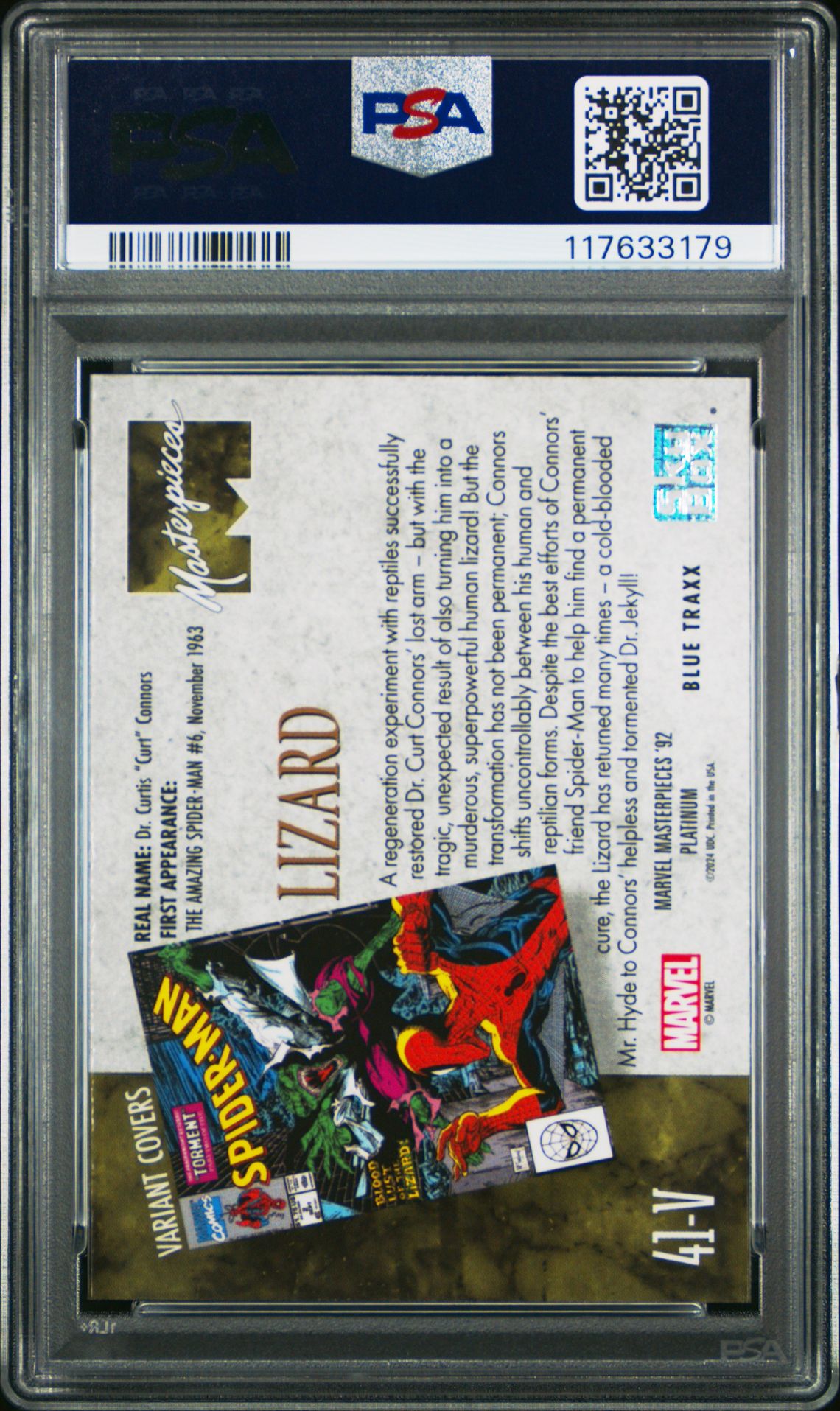 2024 Upper Deck Marvel Masterpieces '92 Platinum Lizard #41V ('92 Platinum-V/C-Blue Traxx) Gem Mt 10 back