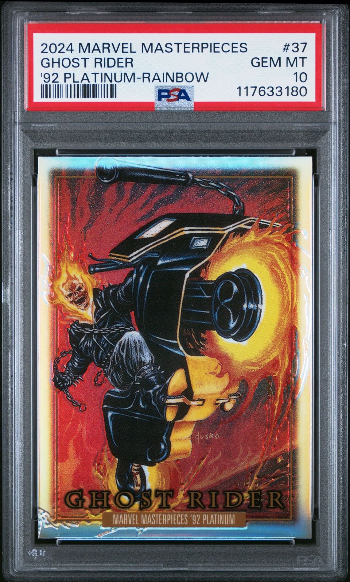 2024 Upper Deck Marvel Masterpieces '92 Platinum Ghost Rider #37 ('92 Platinum-Rainbow) Gem Mt 10 front view - PSA graded GEM MT 10