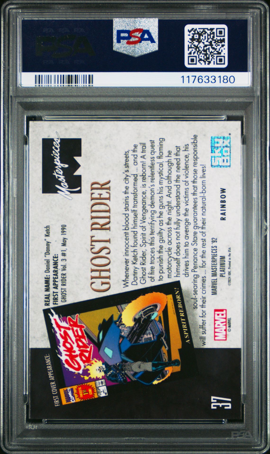 2024 Upper Deck Marvel Masterpieces '92 Platinum Ghost Rider #37 ('92 Platinum-Rainbow) Gem Mt 10 back view - PSA certificate #117633180