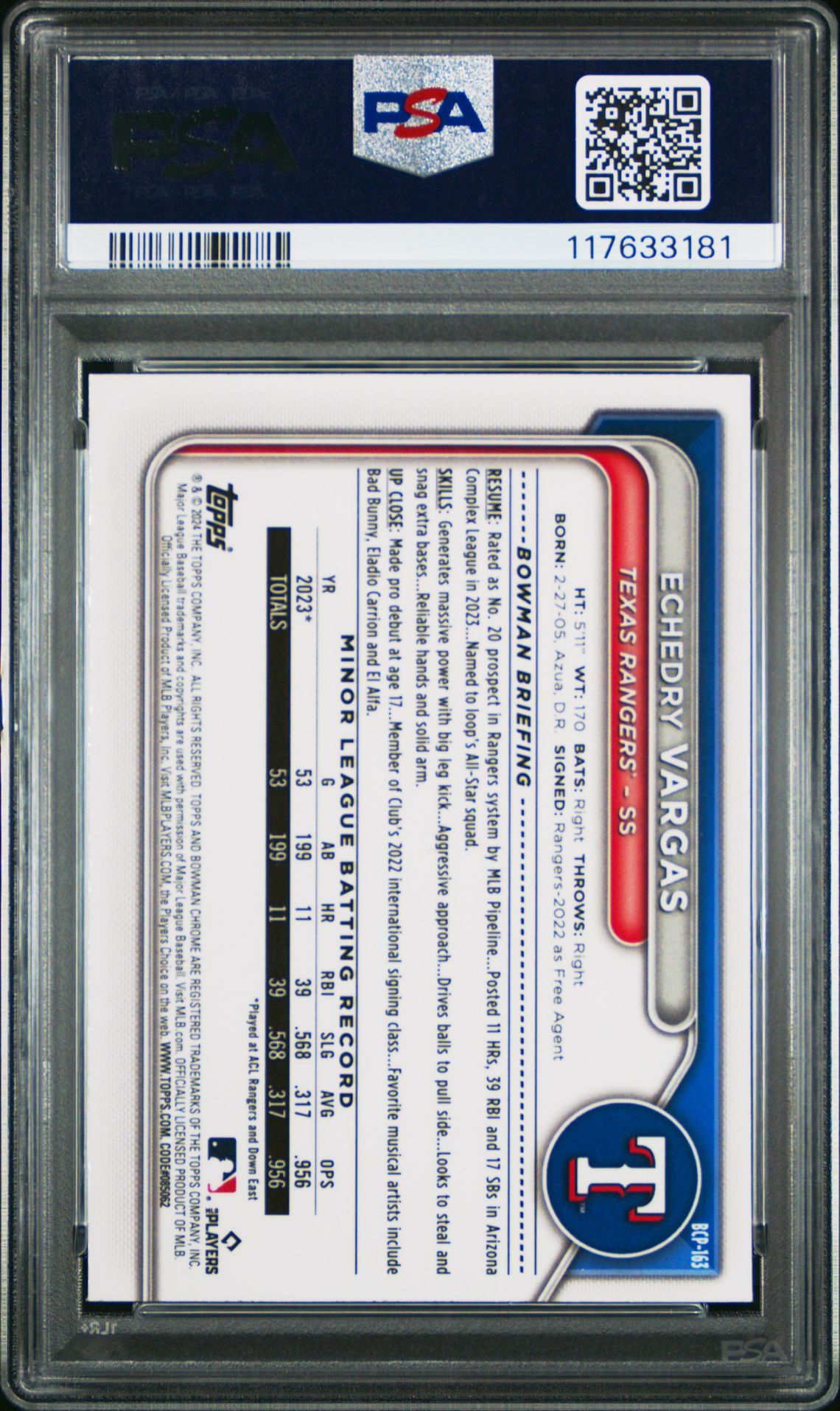 2024 Bowman Chrome Prospects Echedry Vargas #Bcp163 (Prospects-Shimmer Ref) Mint 9 back