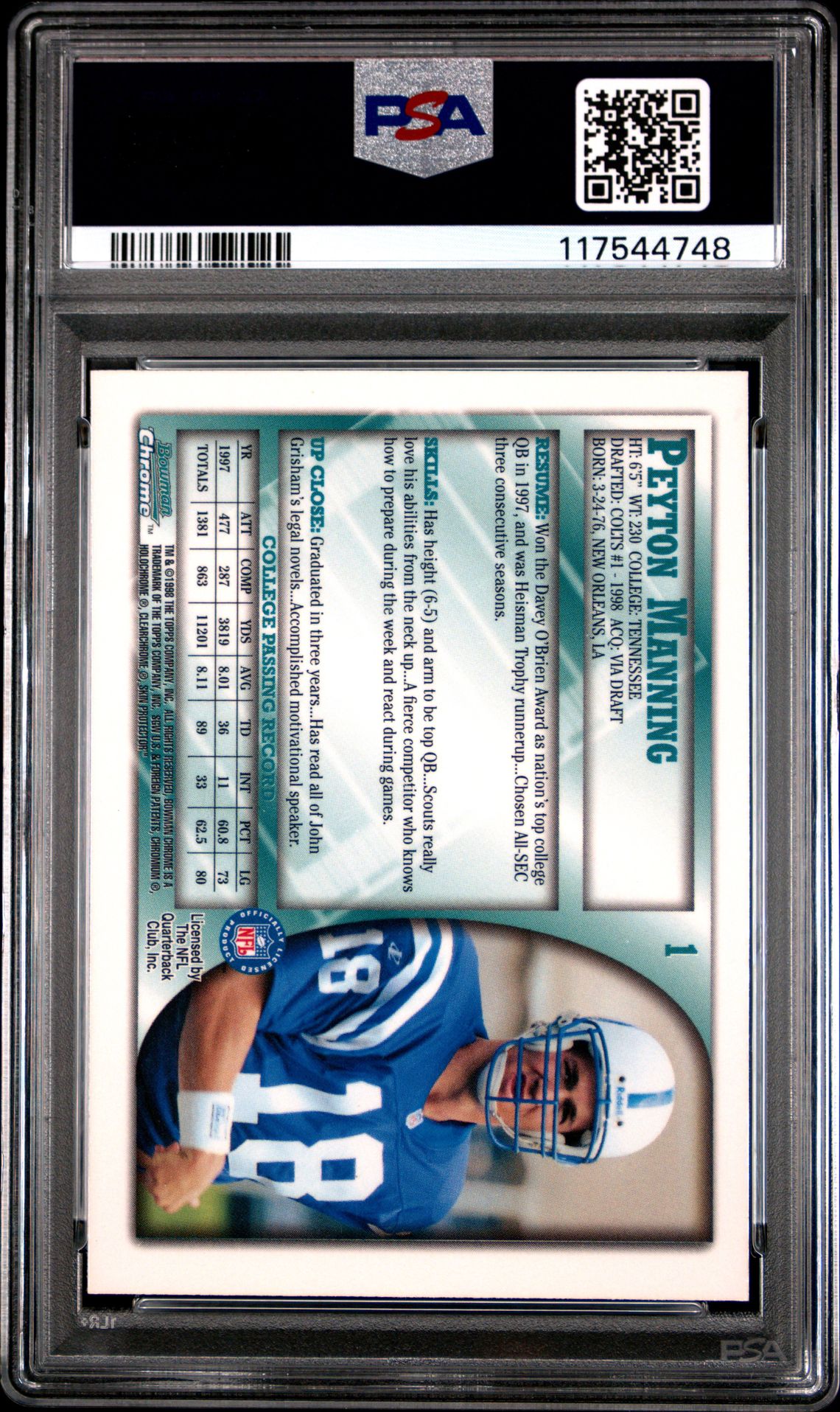 1998 Bowman Chrome Peyton Manning #1 Gem Mt 10 back