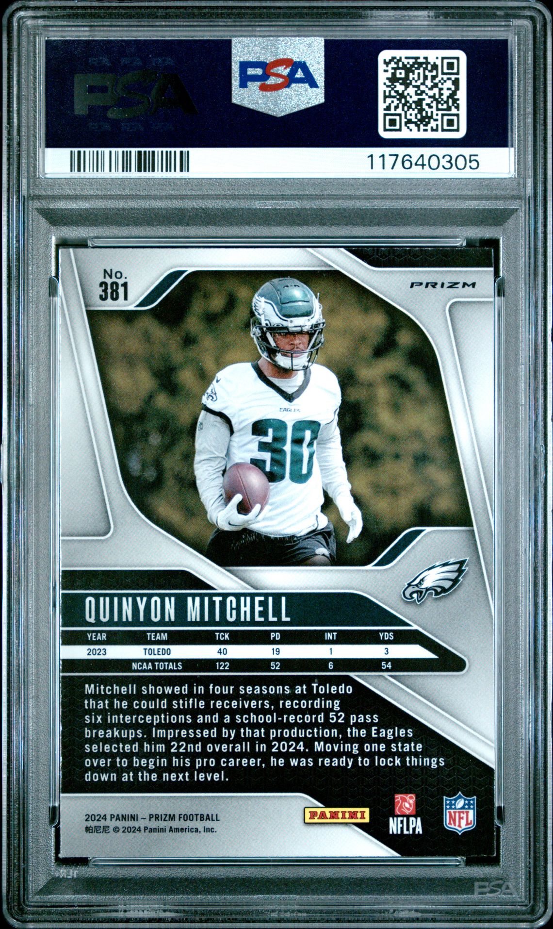 2024 Panini Prizm Quinyon Mitchell #381 (Silver Prizm) Mint 9 back