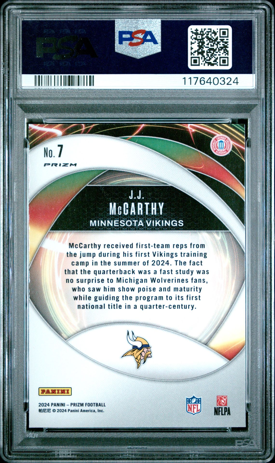 2024 Panini Prizm Portals Jj Mccarthy #7 (Portals-Green Wave) Gem Mt 10 back