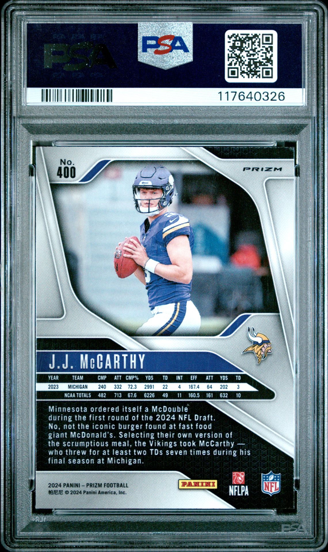 2024 Panini Prizm Jj Mccarthy #400 (Silver Prizm) Mint 9 back