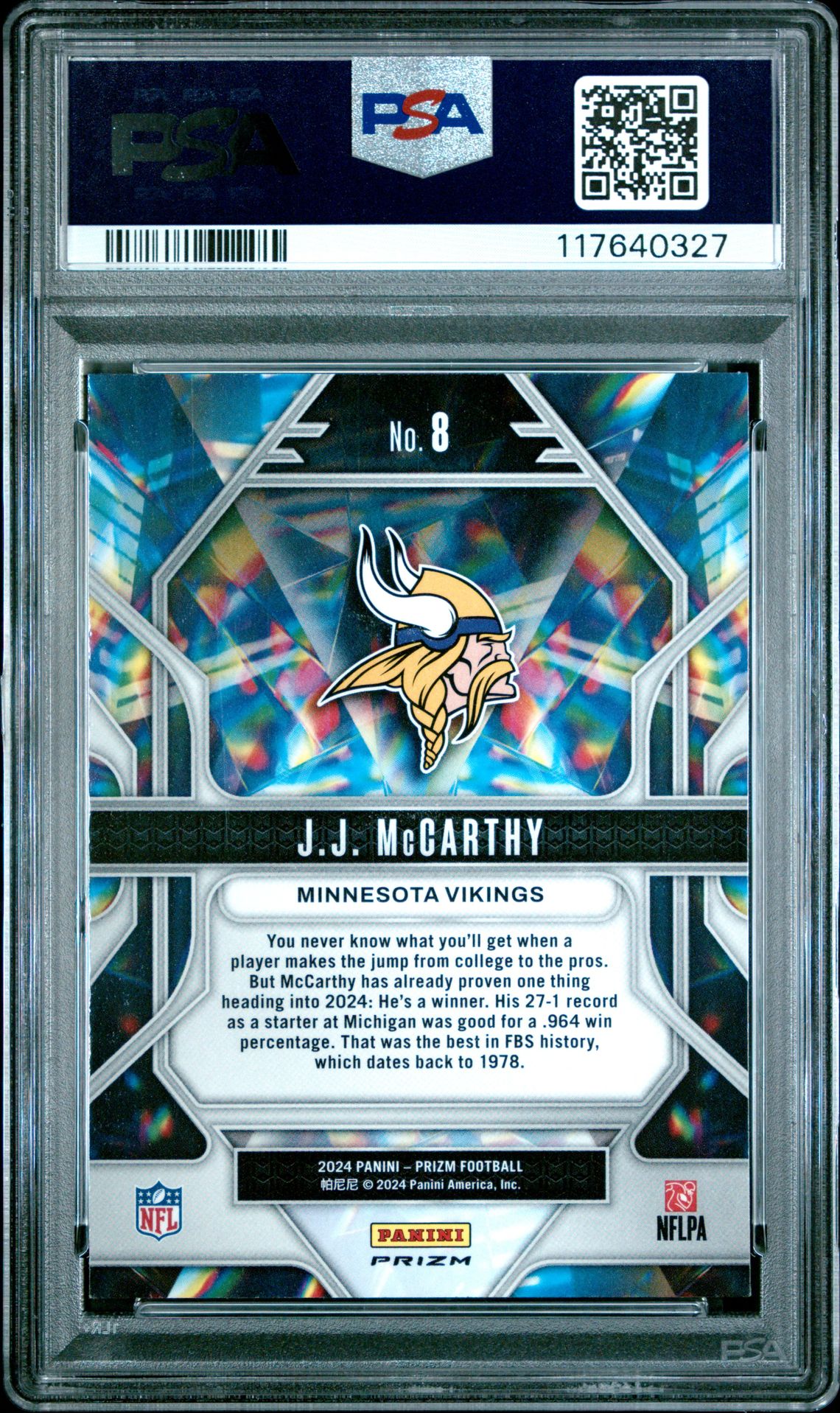 2024 Panini Prizm Prizmatic Jj Mccarthy #8 (Prizmatic-Green Wave) Gem Mt 10 back