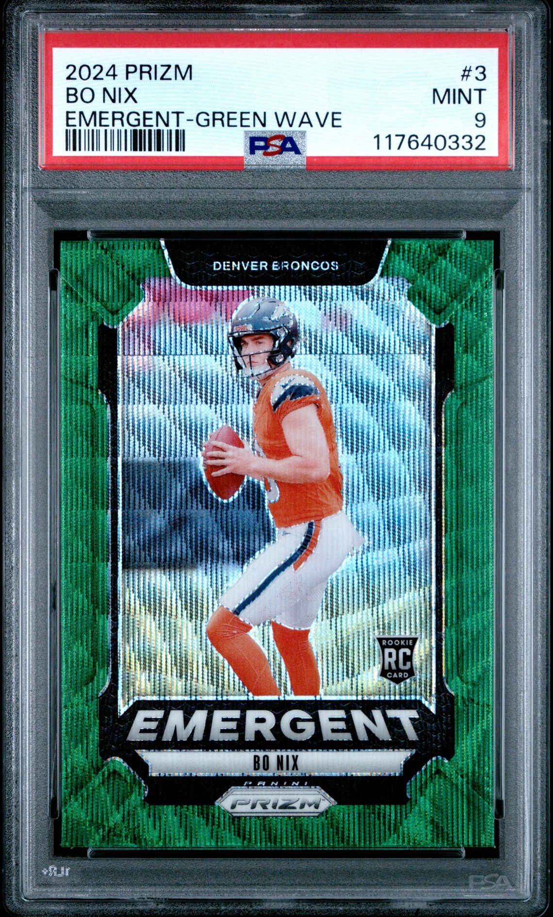 2024 Panini Prizm Emergent Bo Nix #3 (Emergent-Green Wave) Mint 9 front