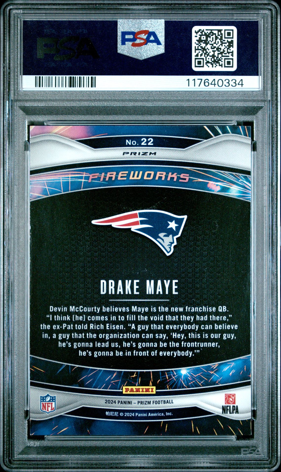 2024 Panini Prizm Fireworks Drake Maye #22 (Fireworks-Green Wave) Gem Mt 10 back
