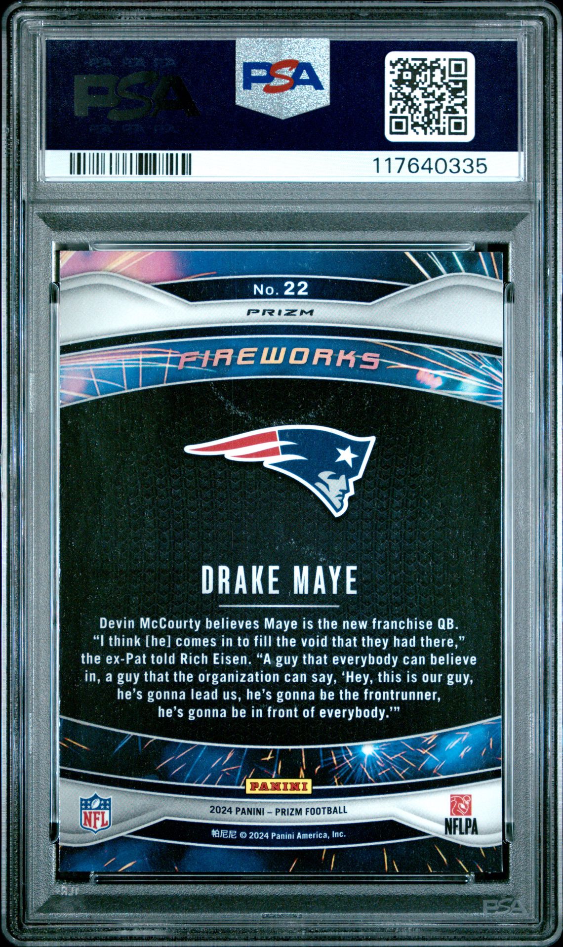 2024 Panini Prizm Fireworks Drake Maye #22 (Fireworks-Green Wave) Gem Mt 10 back