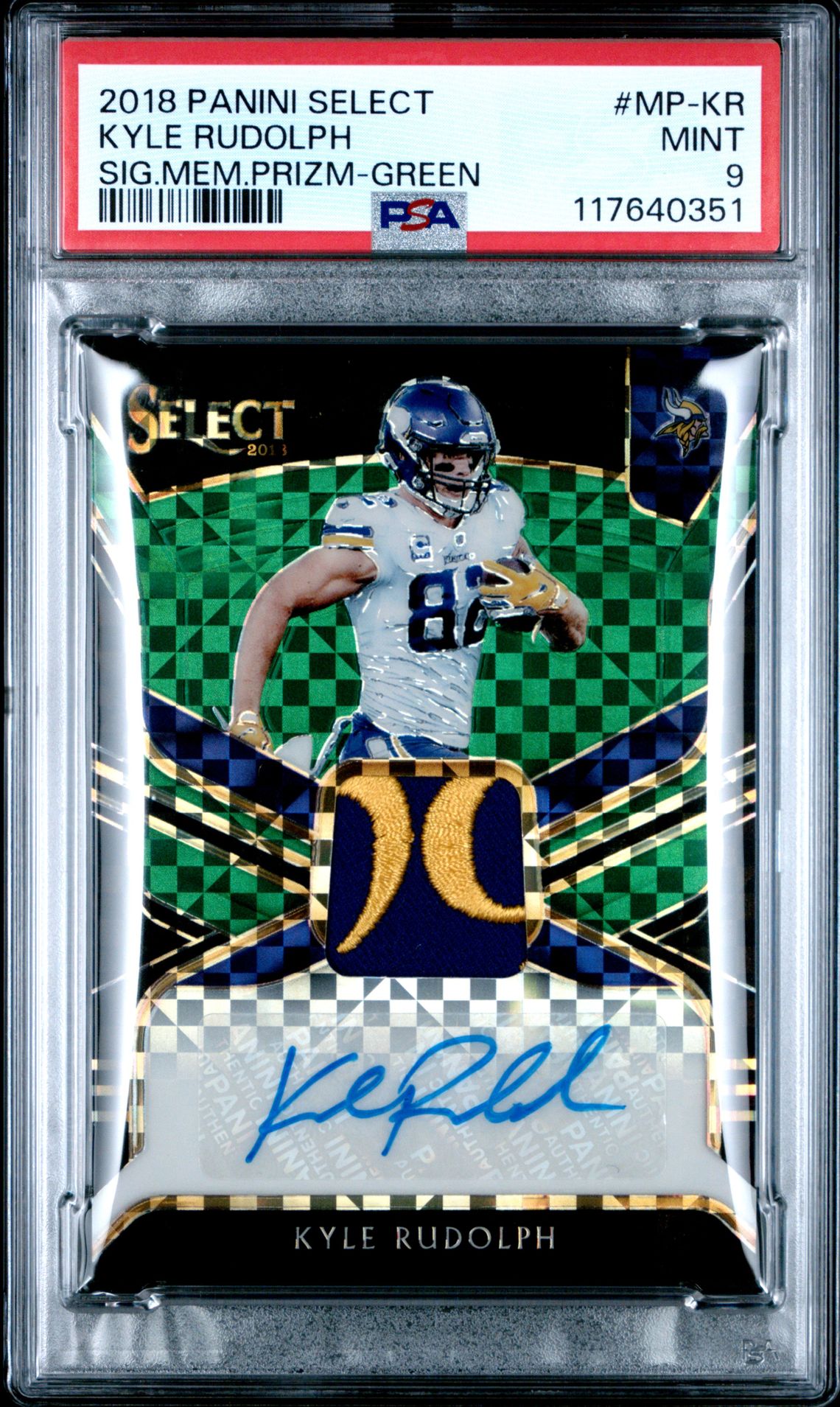 2018 Panini Select Signature Memorabilia Prizm Kyle Rudolph #Mp-Kr (Sig.mem.prizm-Green) Mint 9 front