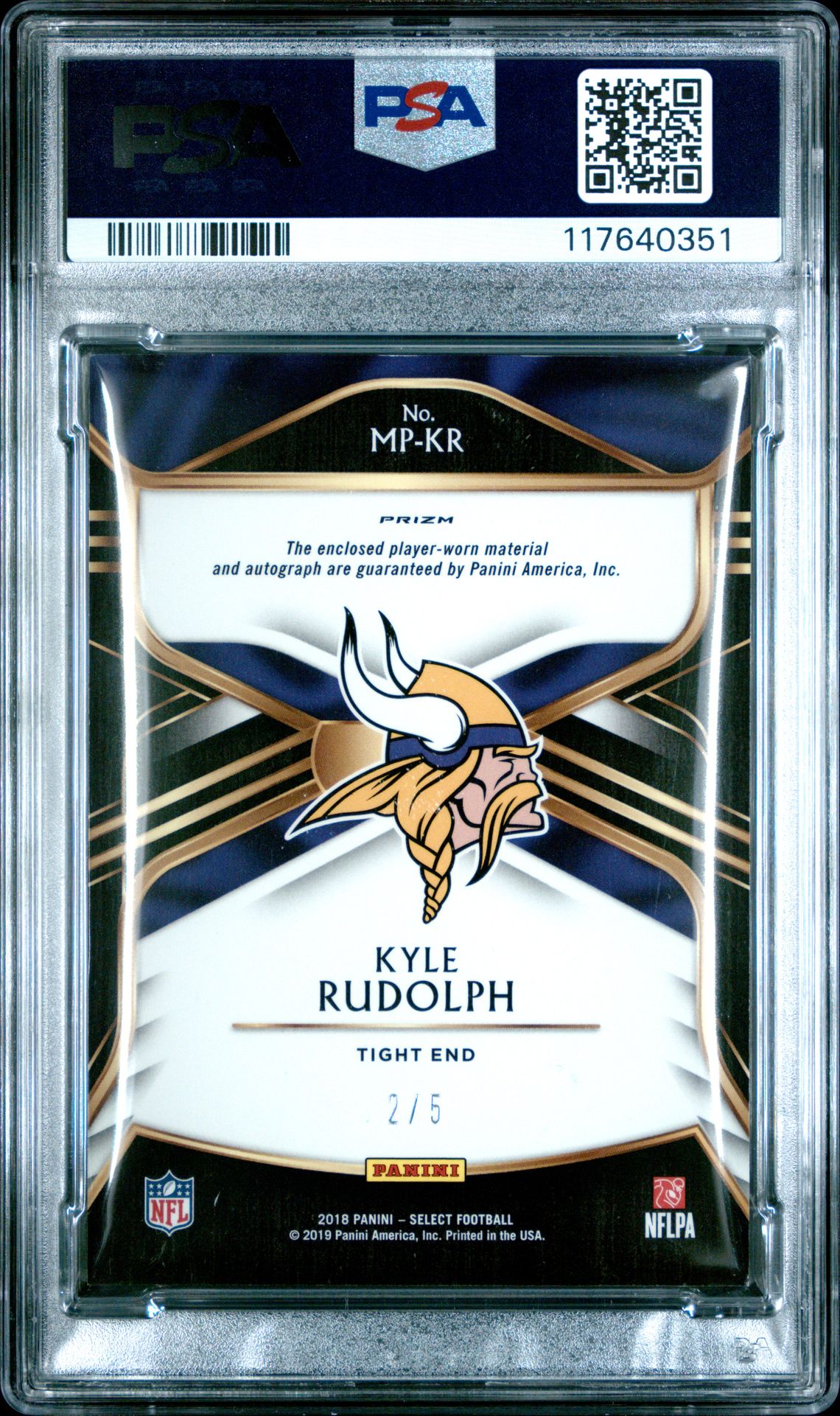 2018 Panini Select Signature Memorabilia Prizm Kyle Rudolph #Mp-Kr (Sig.mem.prizm-Green) Mint 9 back