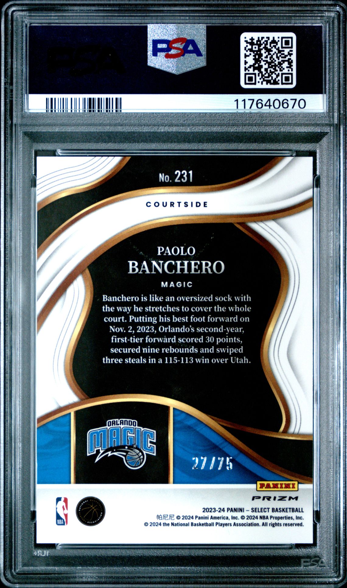 2023 Panini Select Paolo Banchero #231 (Blue Wave) Nm-Mt 8 back