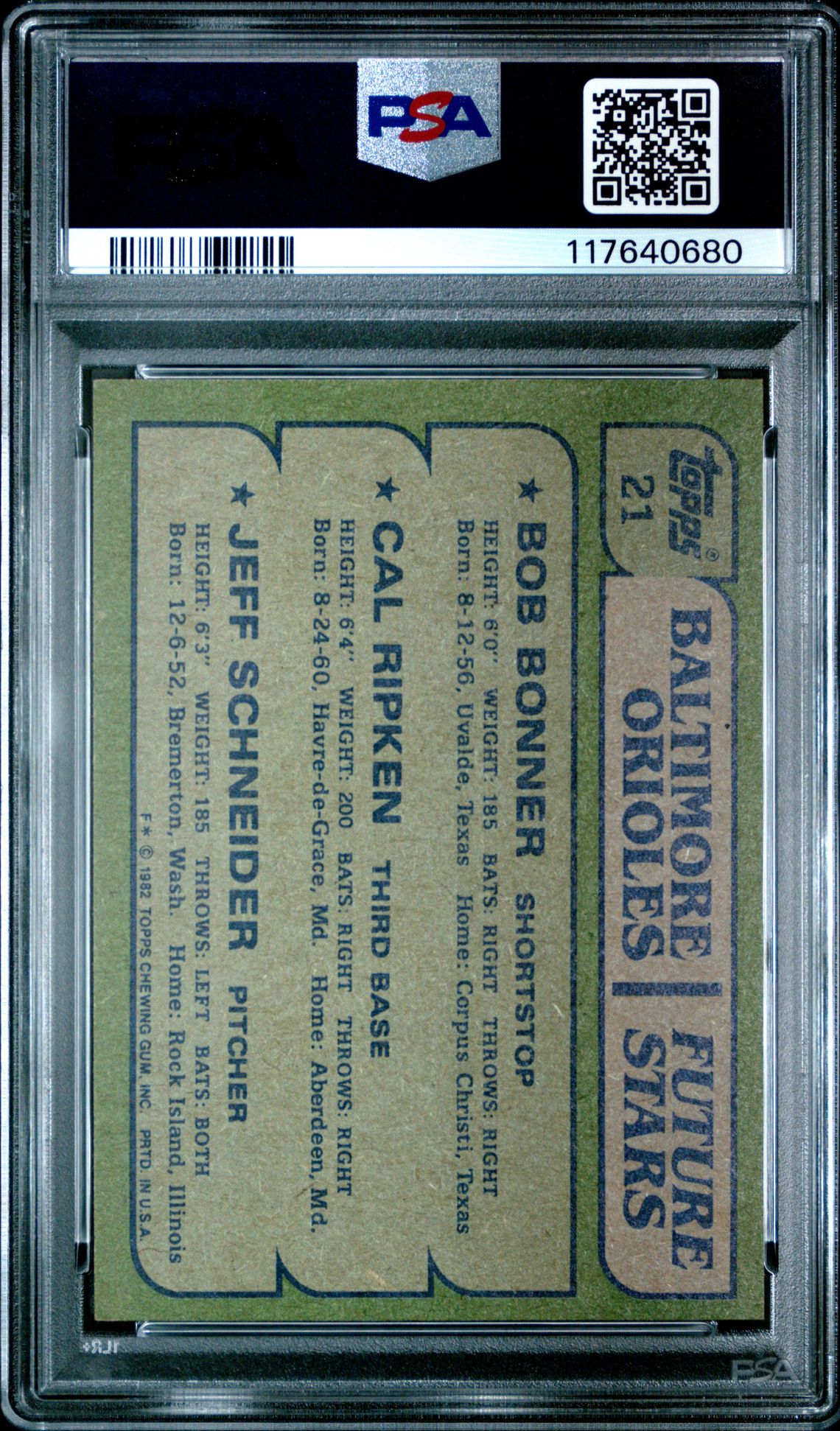 1982 Topps Orioles Future Stars #21 (Bonner/Ripken/Schneider) Vg-Ex 4 back