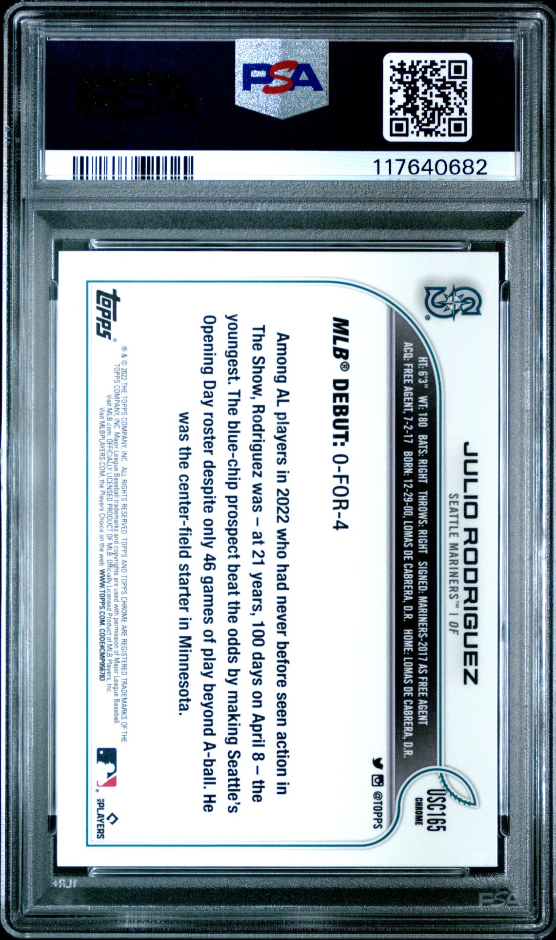 2022 Topps Chrome Update Julio Rodriguez #Usc165 (Purple Refractor) Mint 9 back