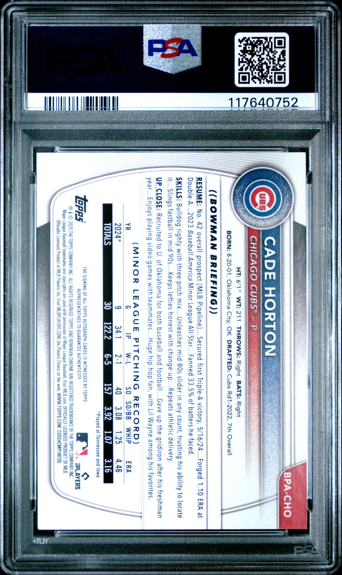 2025 Bowman Bowman Prospect Autographs Cade Horton #Bpacho Mint 9 back