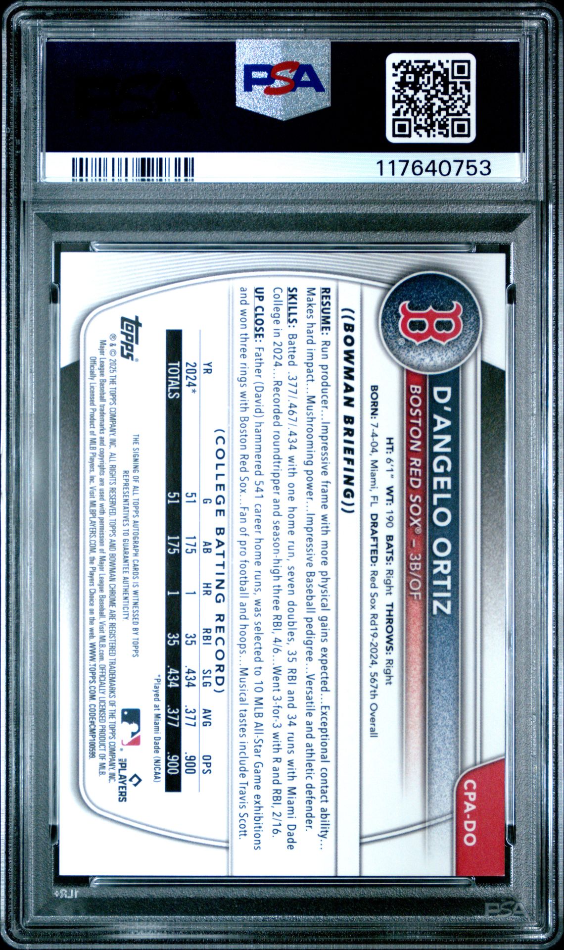 2025 Bowman Chrome Prospect Autographs D'angelo Ortiz #Cpado Mint 9 back