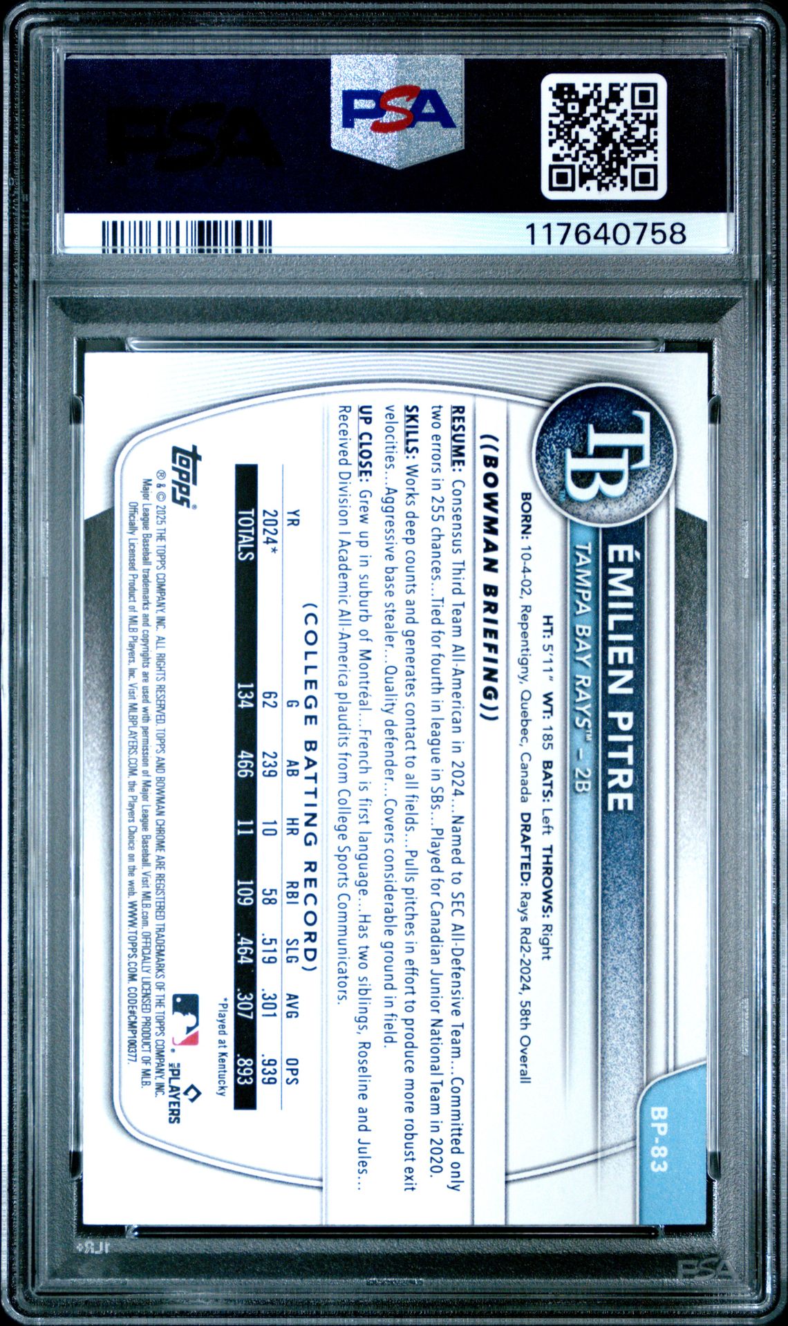 2025 Bowman Paper Prospects Emilien Pitre #Bp83 (Paper Prospects-Gold) Mint 9 back