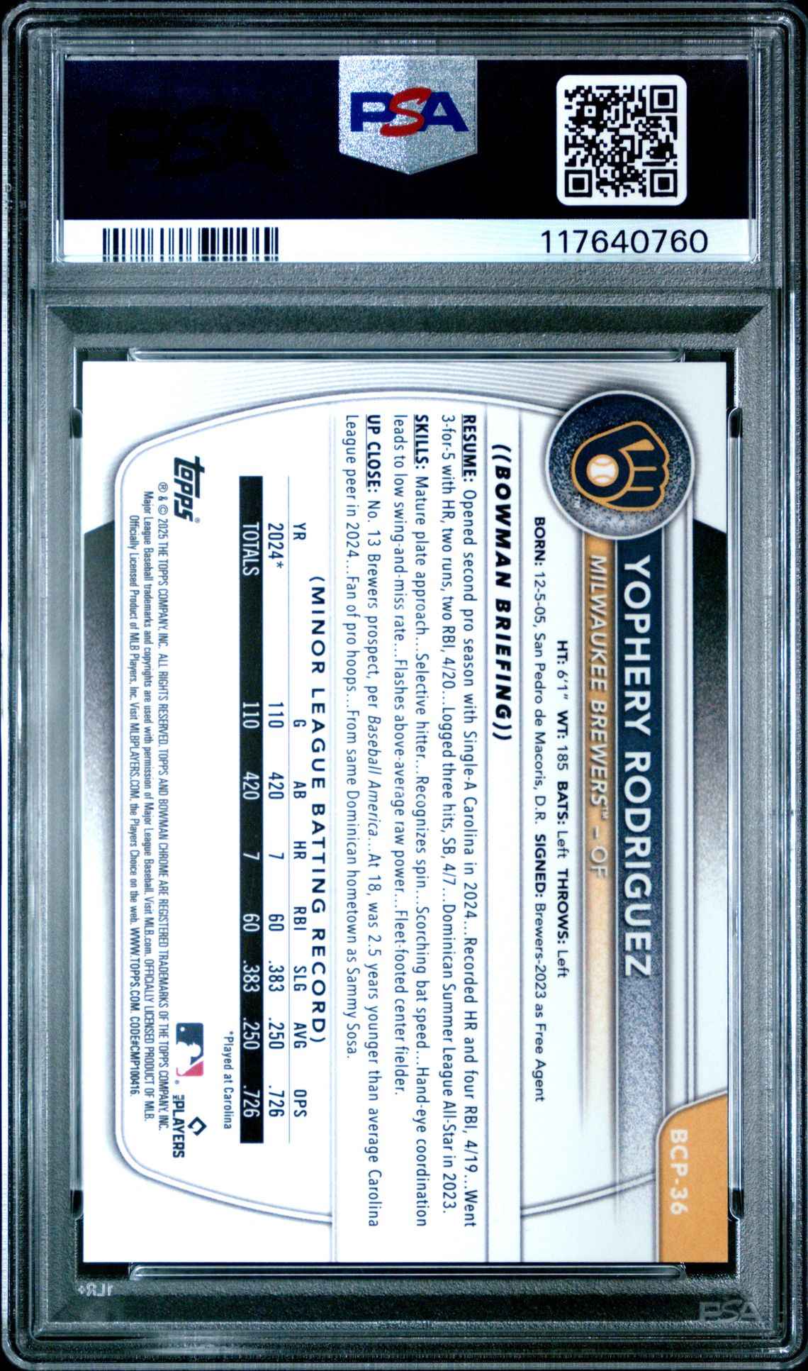 2025 Bowman Chrome Prospects Yophery Rodriguez #Bcp36 (Chrome Pros-Lava Ref) Mint 9 back