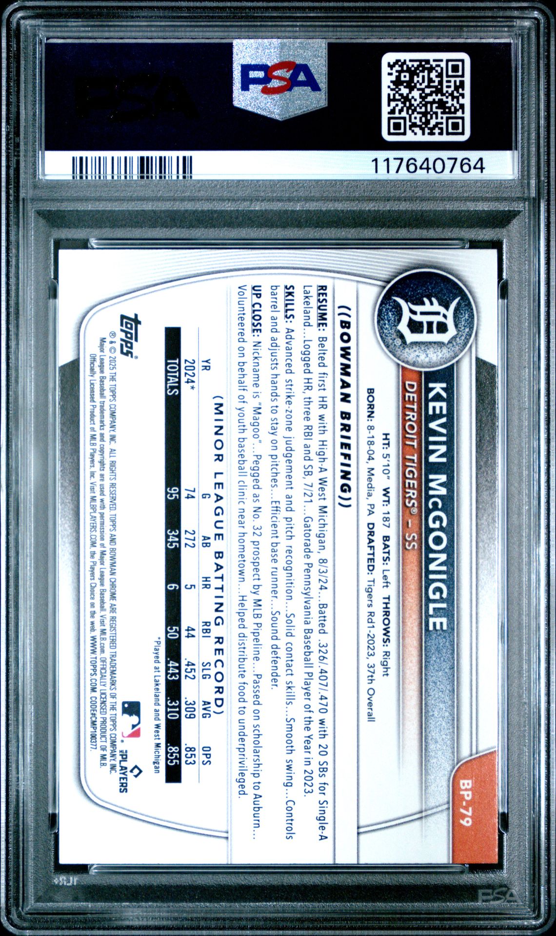 2025 Bowman Paper Prospects Kevin Mcgonigle #Bp79 (Paper Prospects-Purple) Mint 9 back