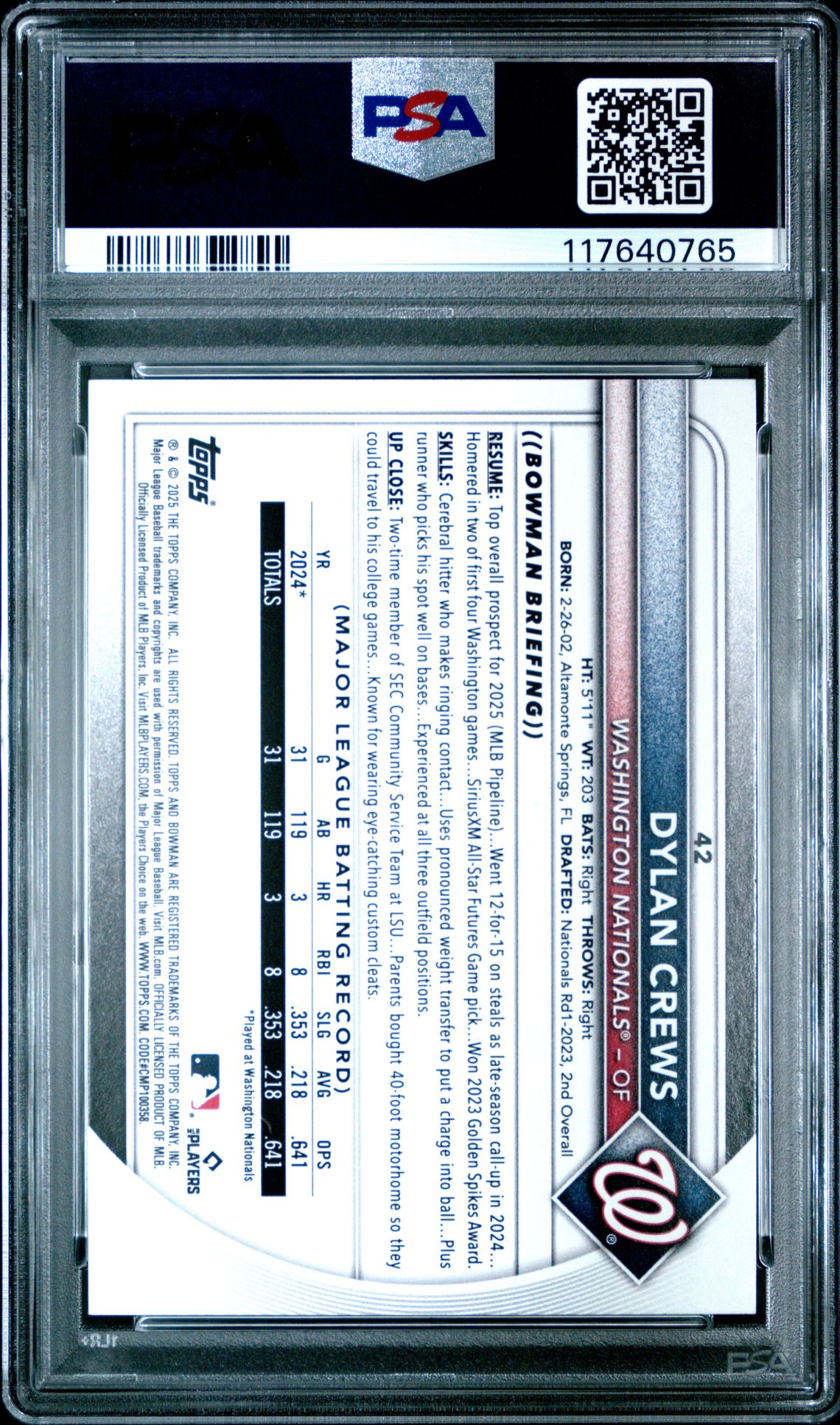 2025 Bowman Dylan Crews #42 (Blue) Mint 9 back