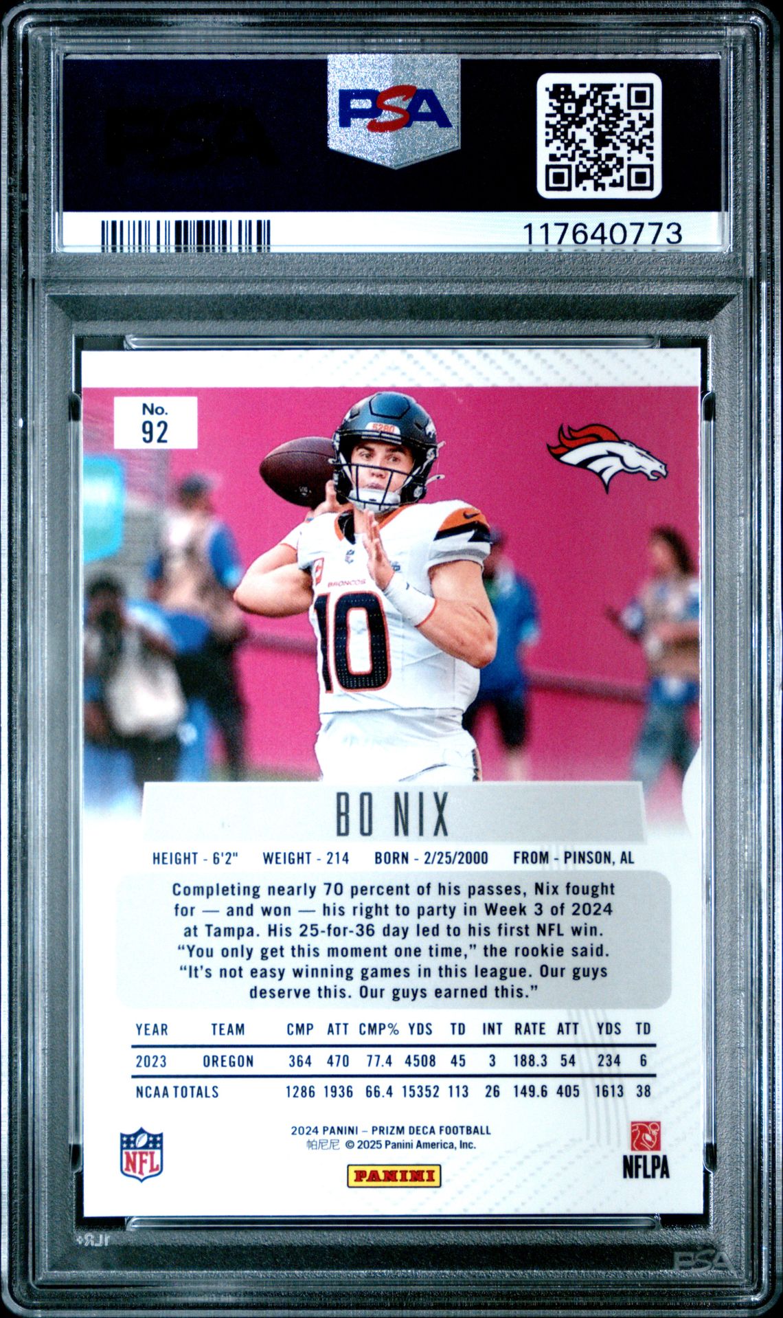 2024 Panini Prizm Deca Bo Nix #92 Nm-Mt 8 back