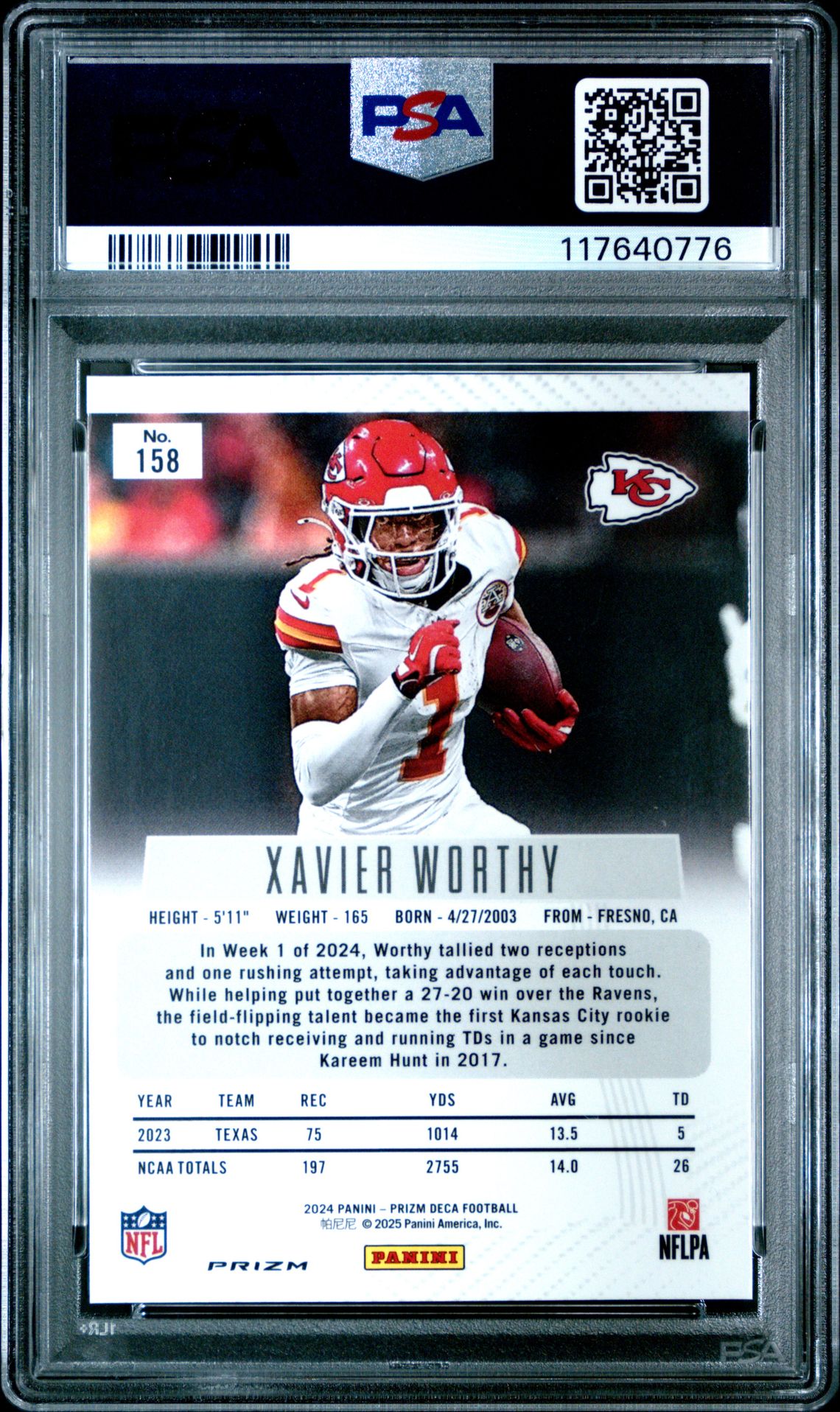 2024 Panini Prizm Deca Xavier Worthy #158 (Silver Prizm) Mint 9 back