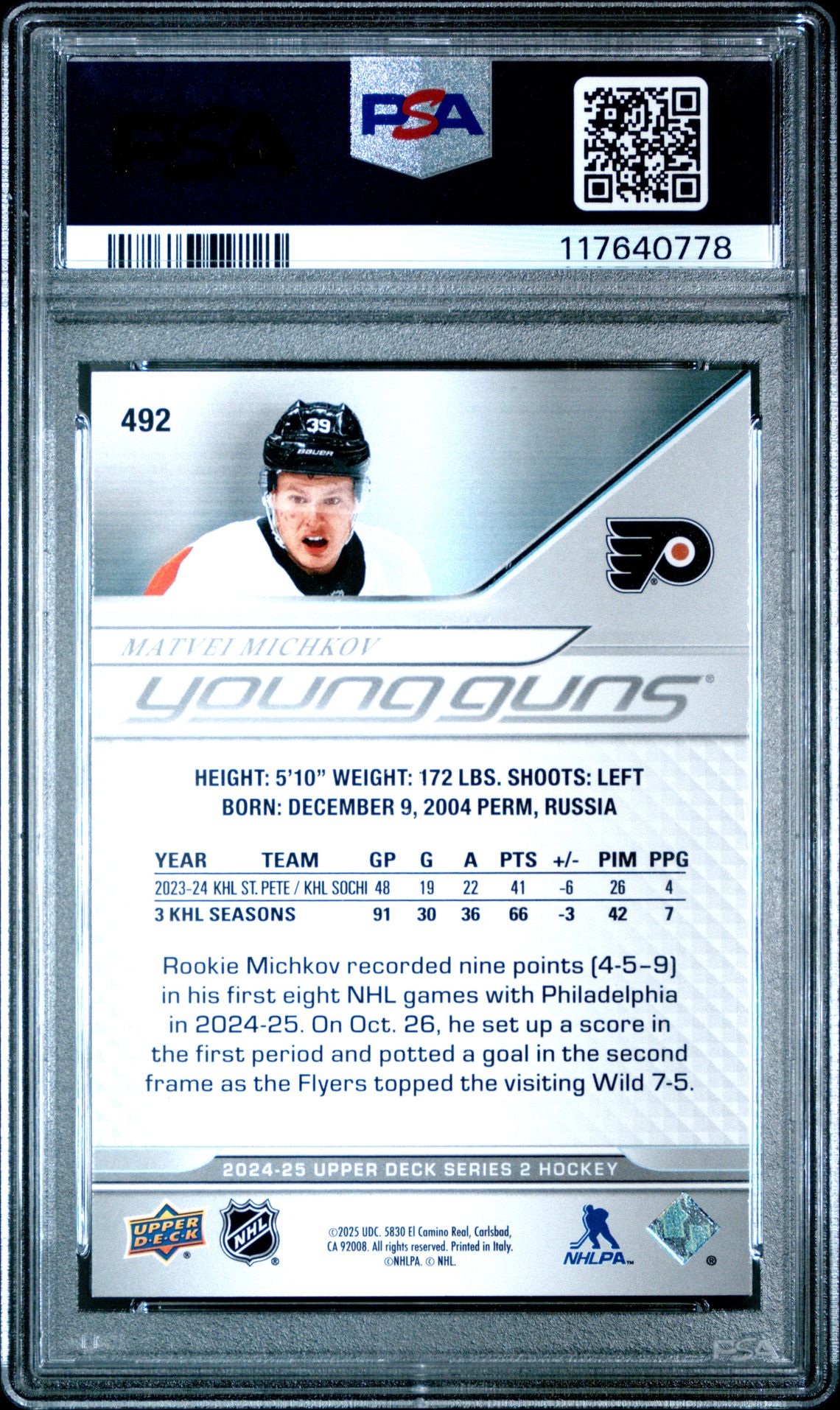 2024 Upper Deck Matvei Michkov #492 Mint 9 back