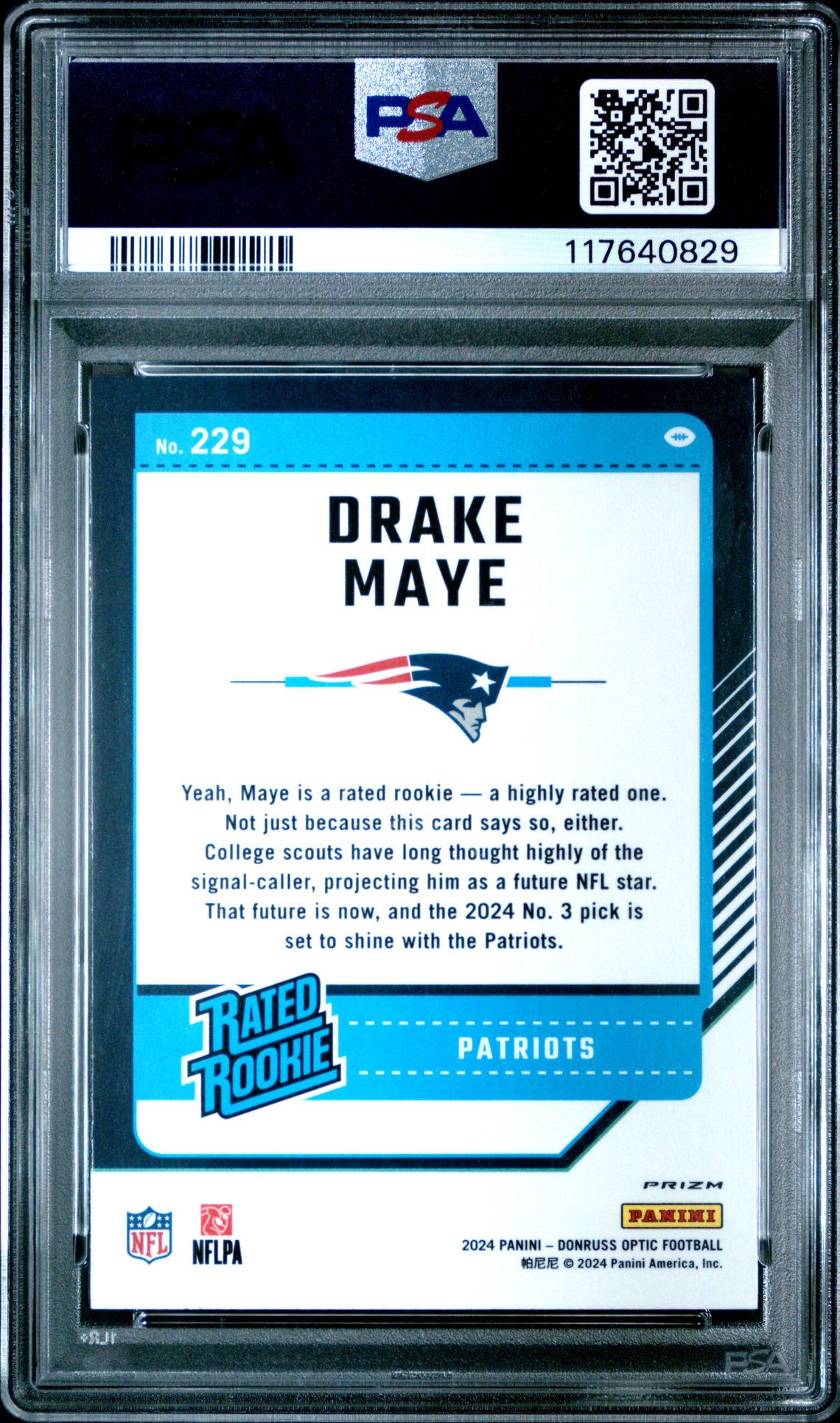 2024 Panini Donruss Optic Drake Maye #229 (Purple Shock) Mint 9 back