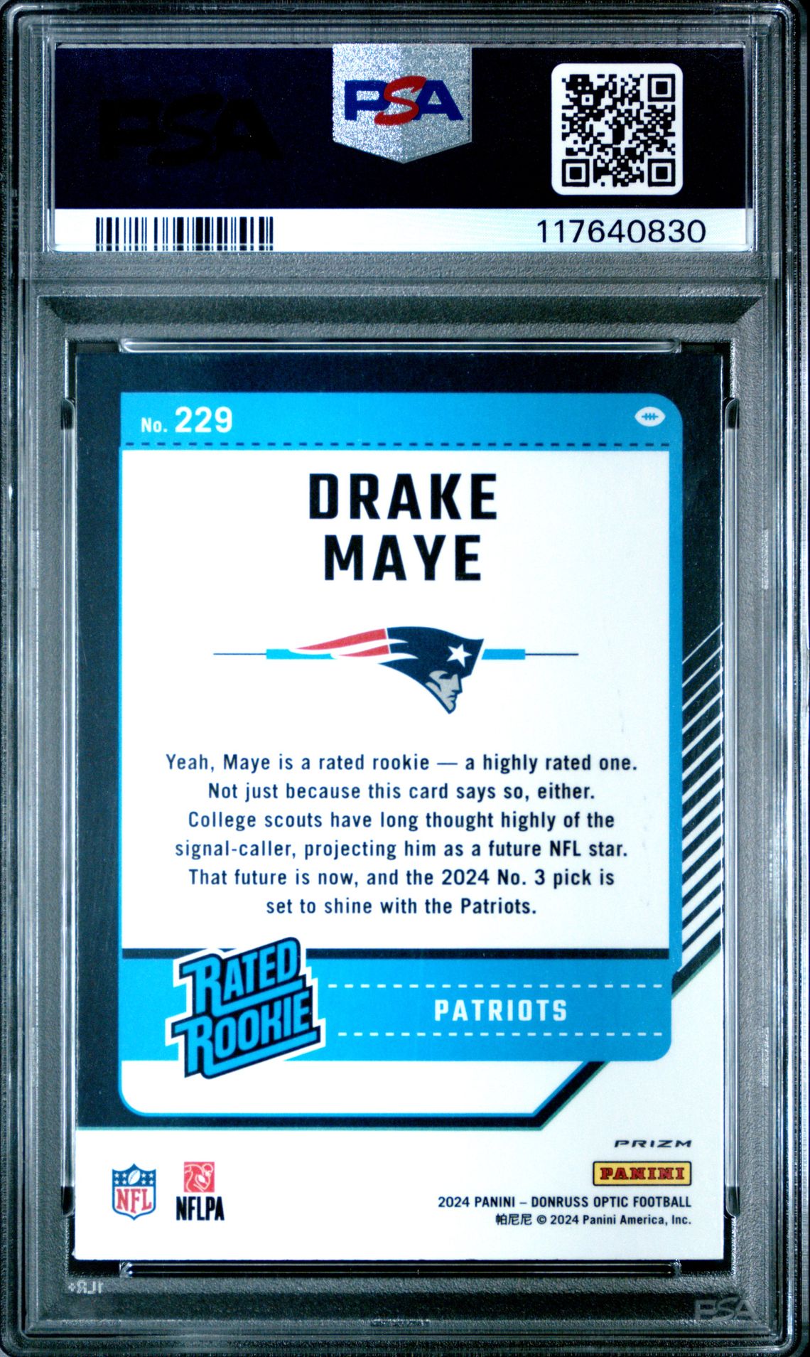 2024 Panini Donruss Optic Drake Maye #229 (Purple Scope) Mint 9 back