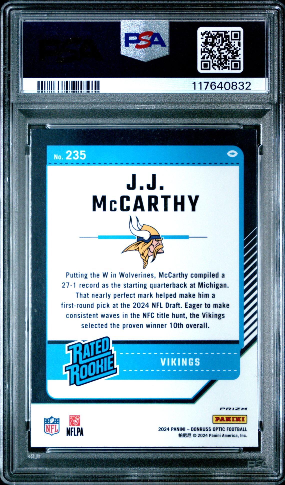 2024 Panini Donruss Optic Jj Mccarthy #235 (Blue Hyper) Mint 9 back