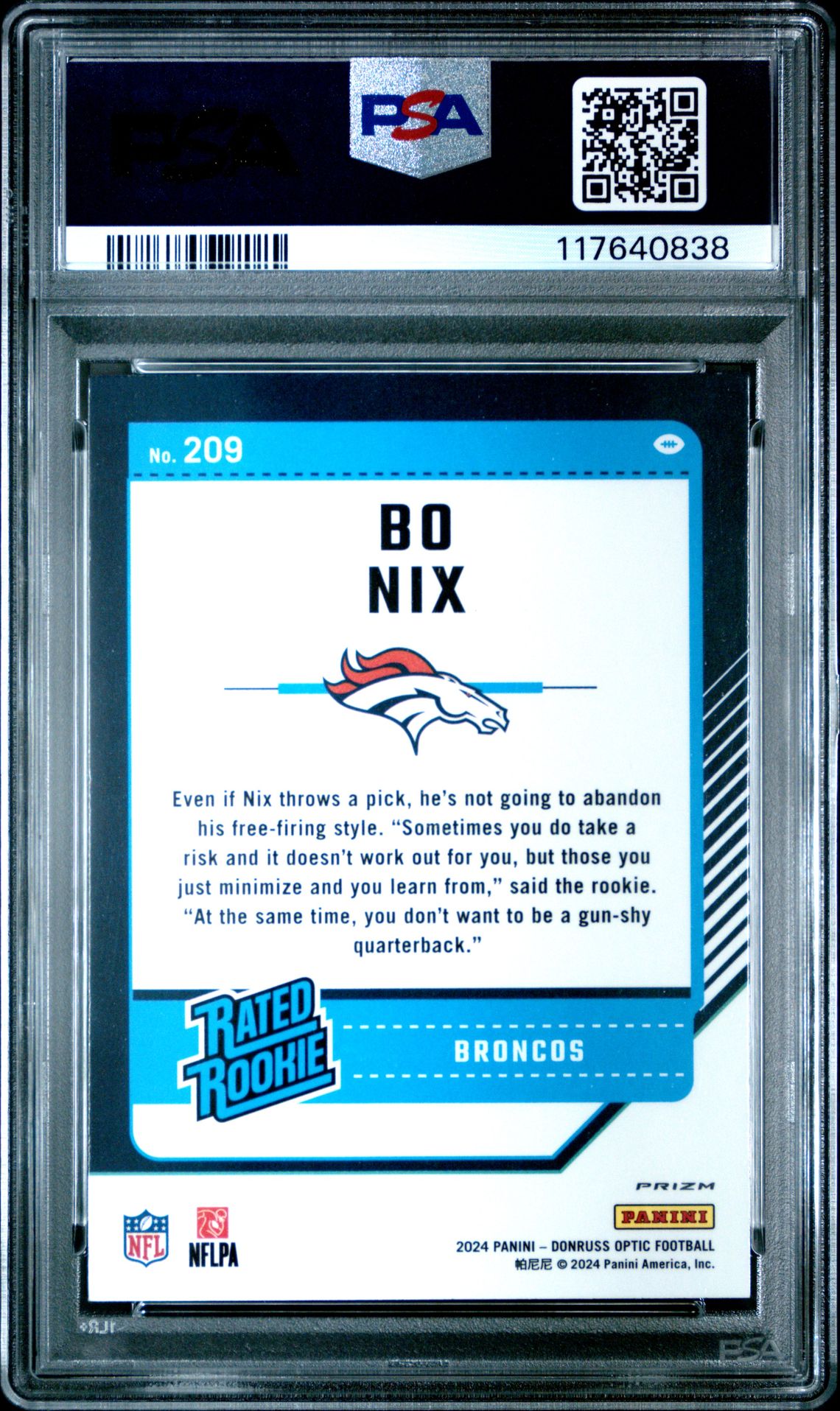 2024 Panini Donruss Optic Bo Nix #209 (Purple Shock) Mint 9 back