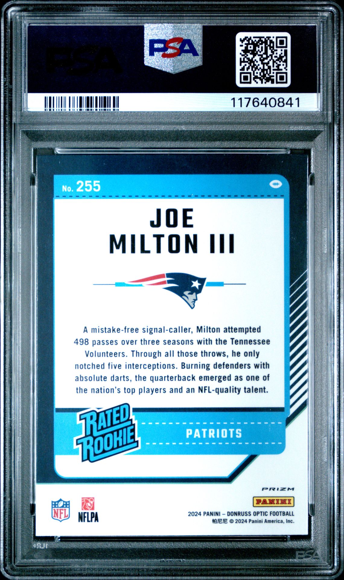 2024 Panini Donruss Optic Joe Milton Iii #255 (Purple Shock) Mint 9 back