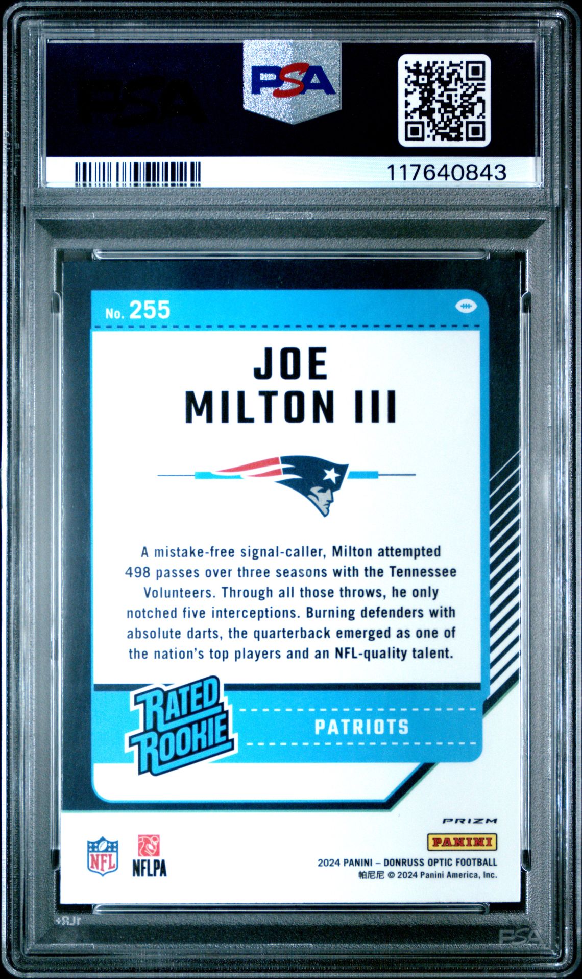 2024 Panini Donruss Optic Joe Milton Iii #255 (Purple Shock) Mint 9 back