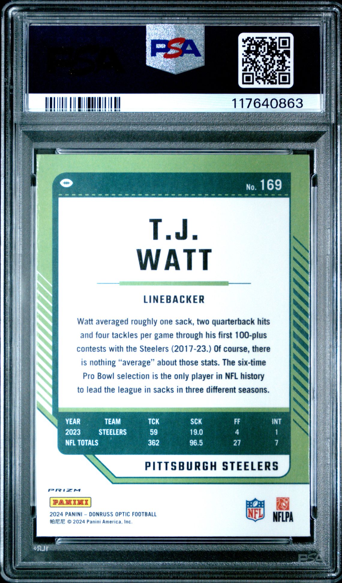 2024 Panini Donruss Optic Tj Watt #169 (One Hundred) Nm-Mt 8 back