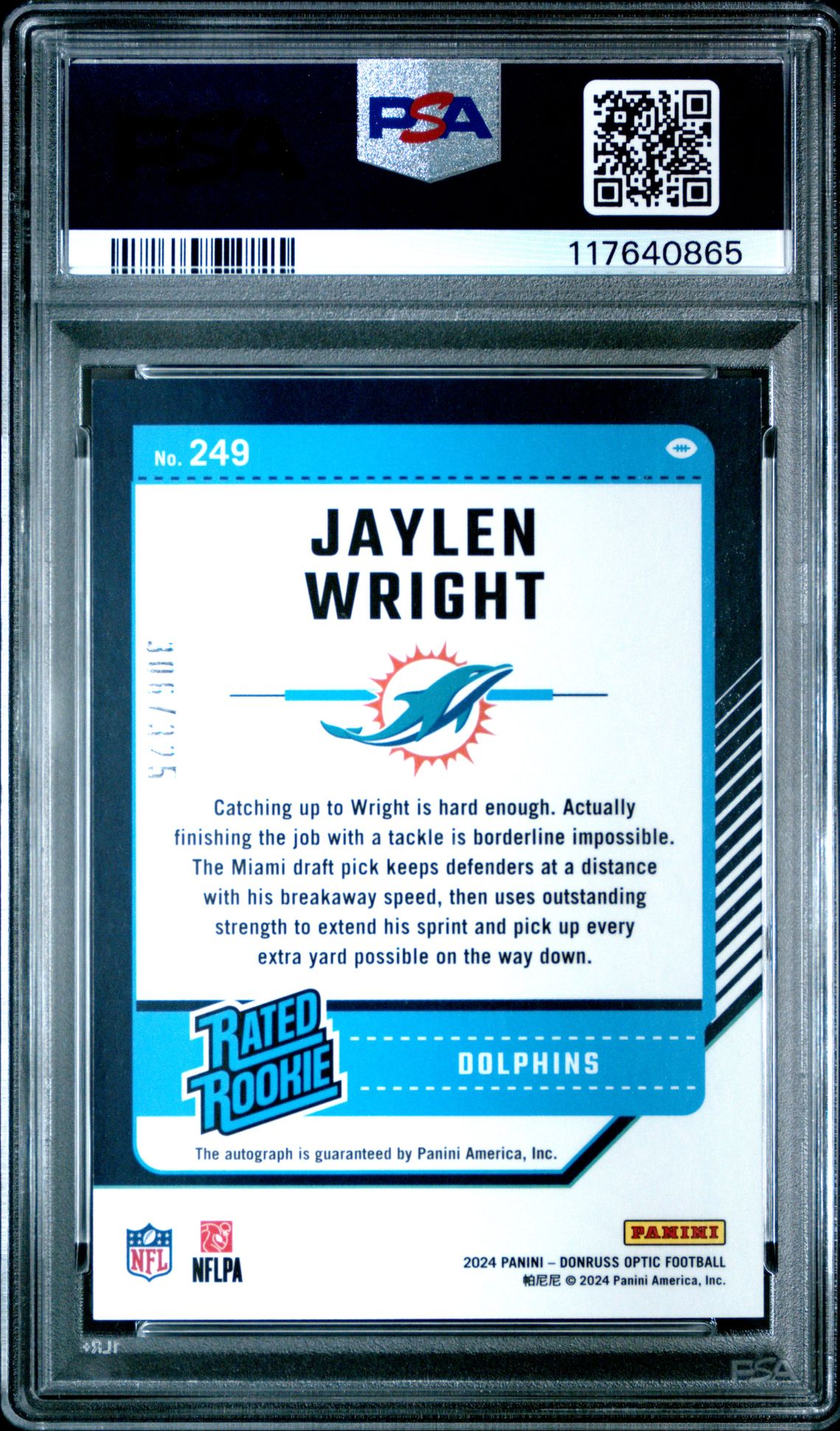 2024 Panini Donruss Optic Jaylen Wright #249 (Autograph) Mint 9 back
