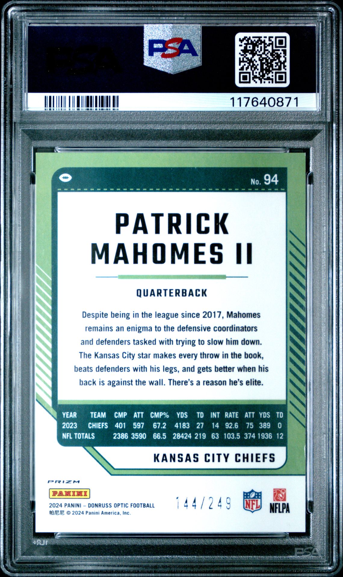 2024 Panini Donruss Optic Patrick Mahomes Ii #94 (Orange) Mint 9 back