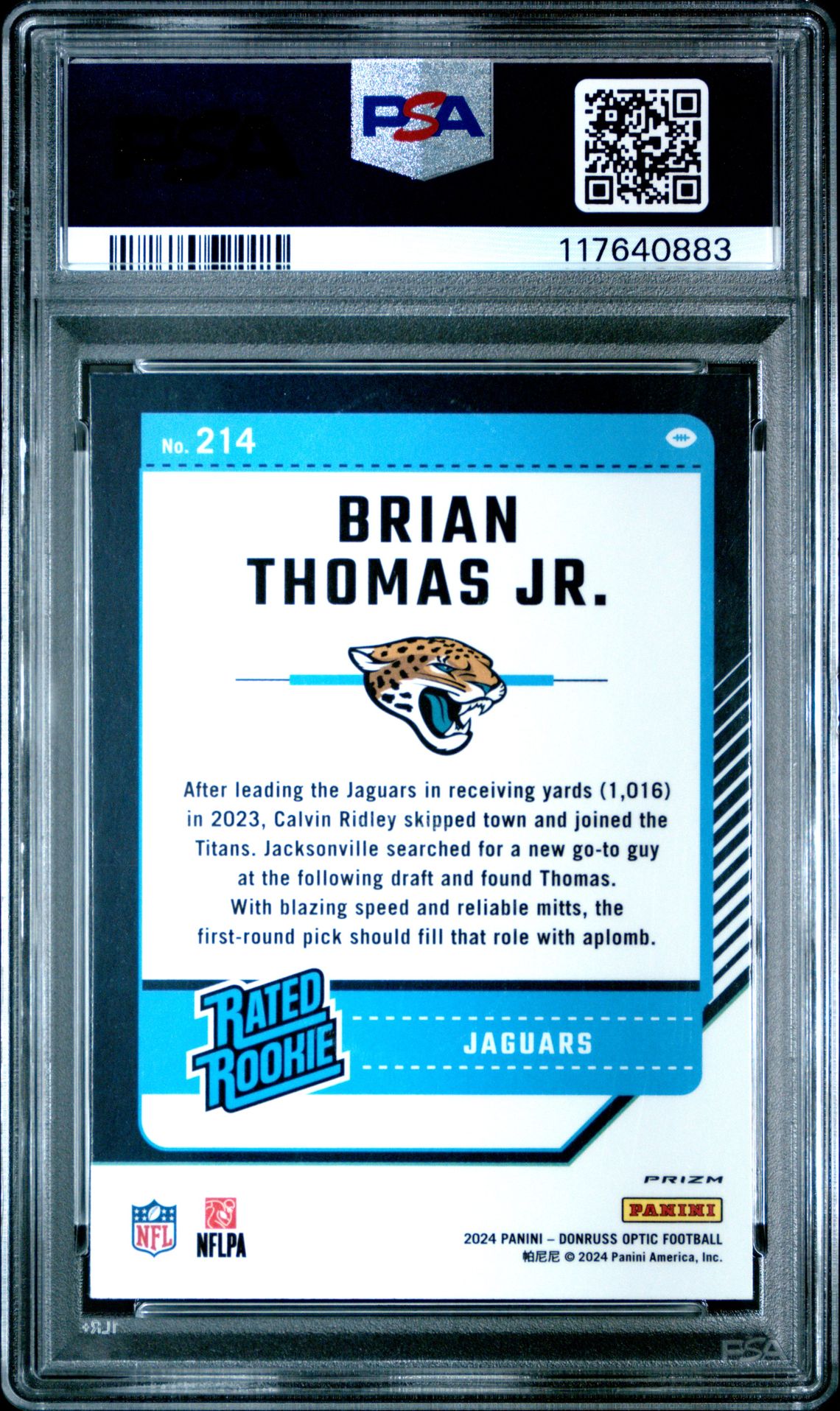 2024 Panini Donruss Optic Brian Thomas Jr. #214 (Purple Shock) Mint 9 back