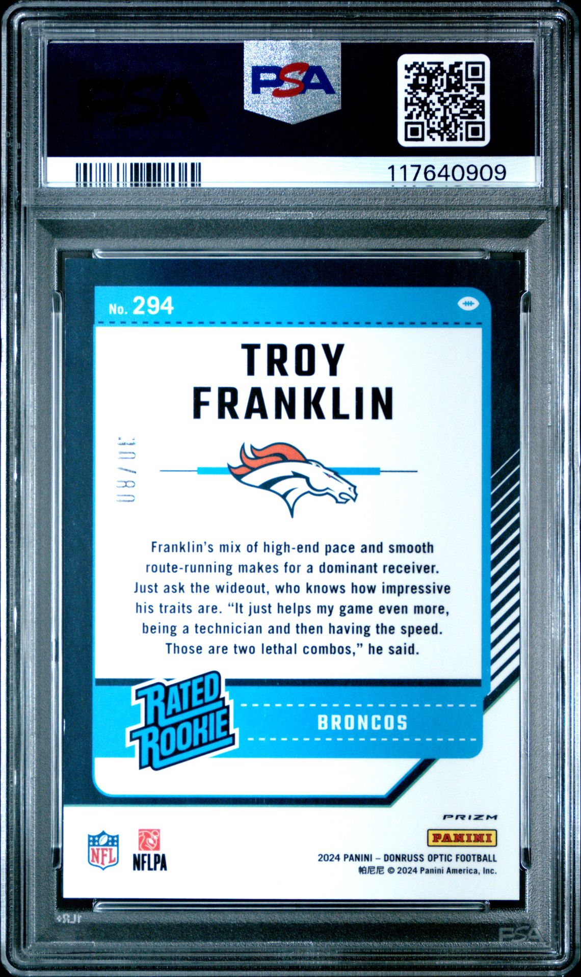 2024 Panini Donruss Optic Troy Franklin #294 (Pink Velocity) Mint 9 back