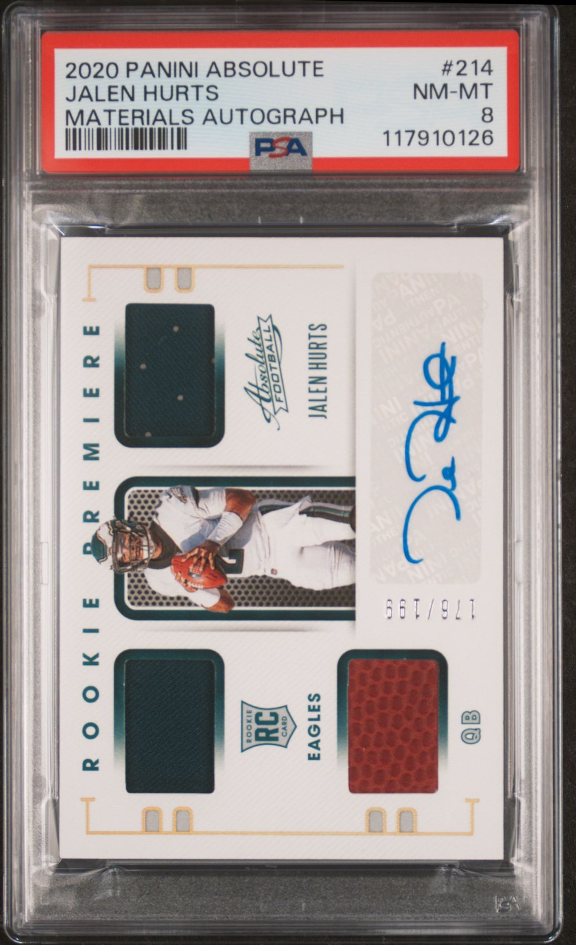 2020 Panini Absolute Jalen Hurts #214 (Materials Autograph) Nm-Mt 8 front