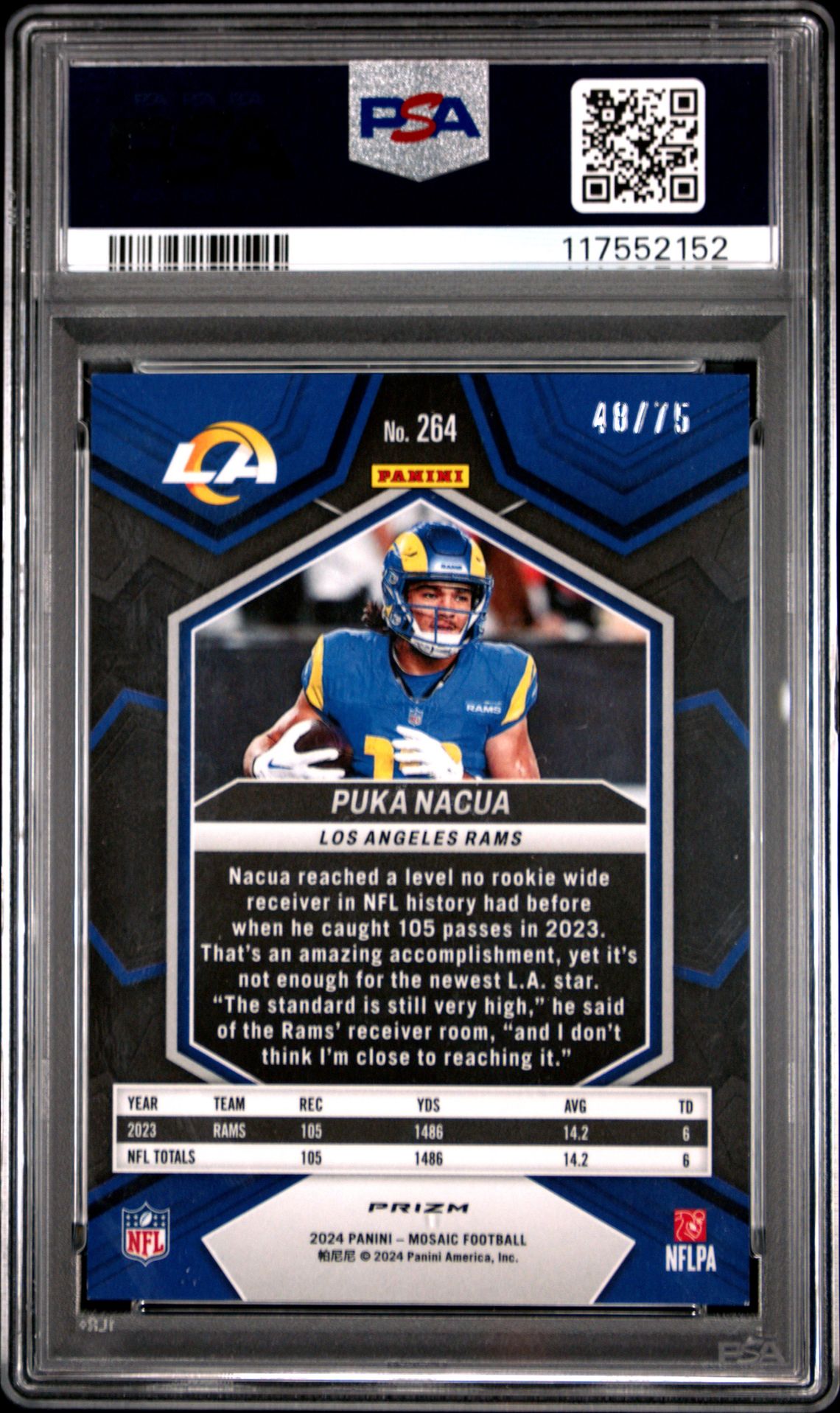 2024 Panini Mosaic Puka Nacua #264 (Blue No Huddle) Nm-Mt 8 back