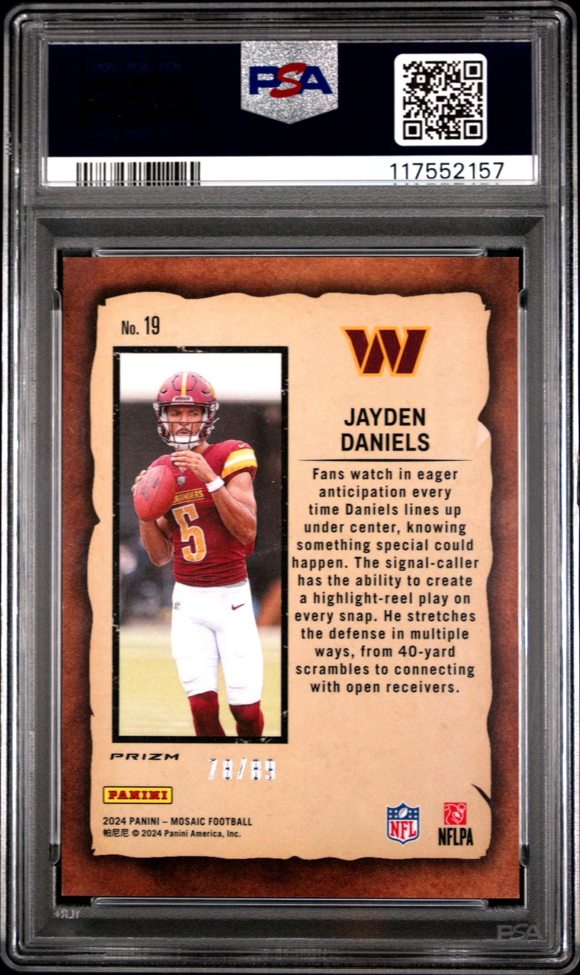 2024 Panini Mosaic Notoriety Jayden Daniels #19 (Notoriety-Reactive Yellow) Gem Mt 10 back