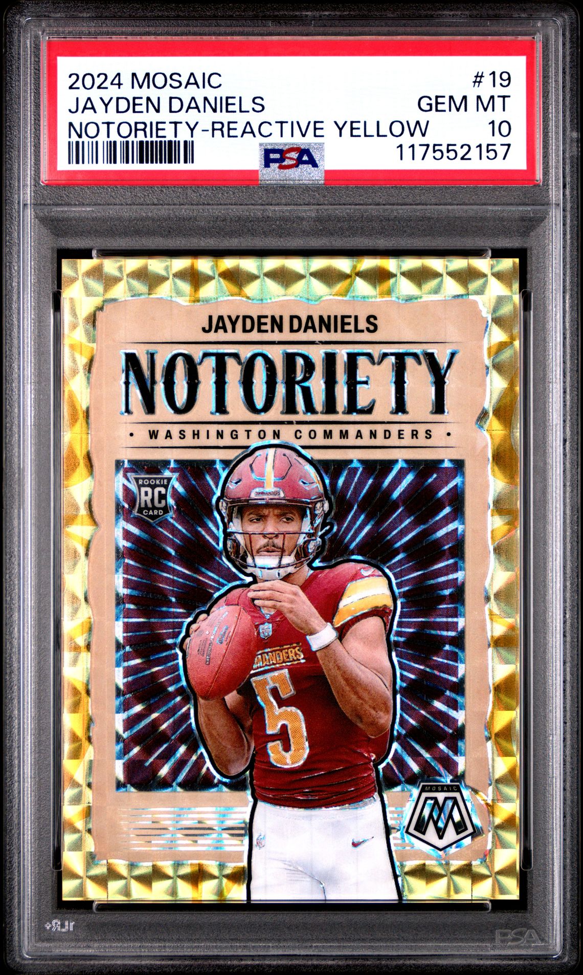 2024 Panini Mosaic Notoriety Jayden Daniels #19 (Notoriety-Reactive Yellow) Gem Mt 10 front
