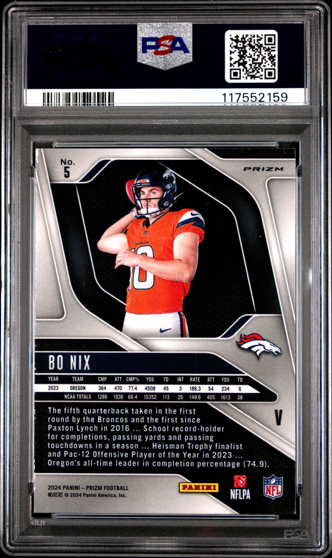 2024 Panini Prizm Rookie Variation Bo Nix #5 Gem Mt 10 back