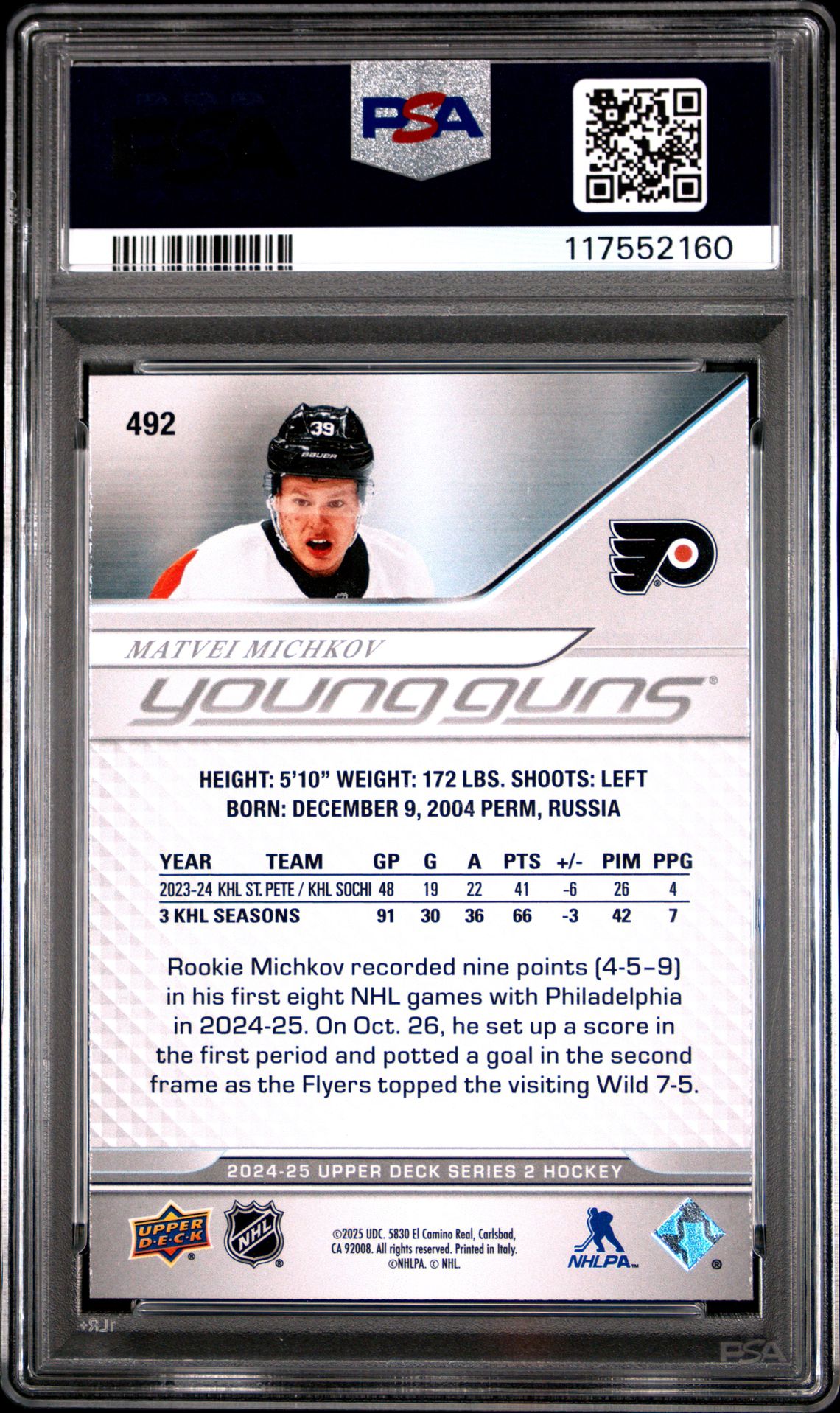 2024 Upper Deck Matvei Michkov #492 Gem Mt 10 back