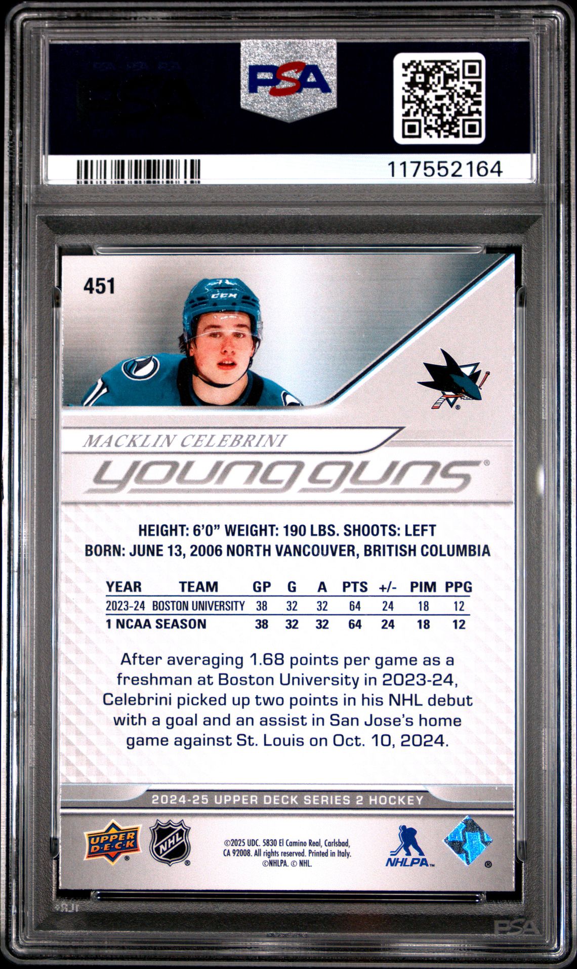 2024 Upper Deck Macklin Celebrini #451 Mint 9 back