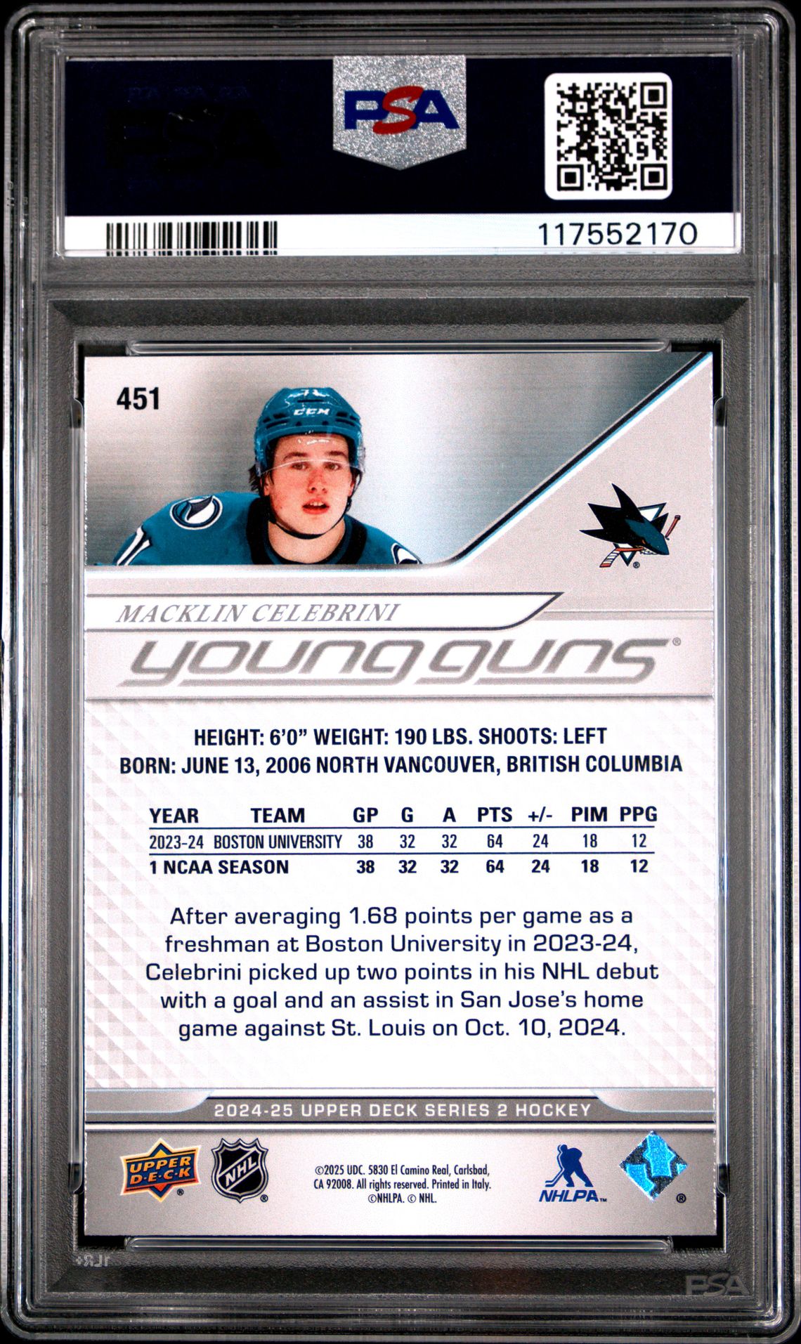 2024 Upper Deck Macklin Celebrini #451 Mint 9 back