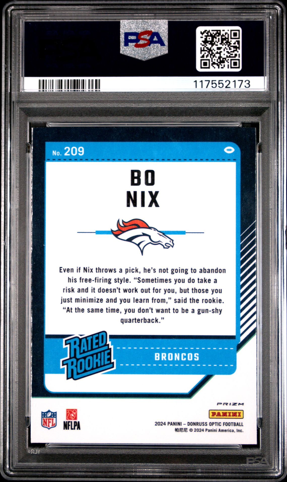 2024 Panini Donruss Optic Bo Nix #209 (Blue Scope) Gem Mt 10 back