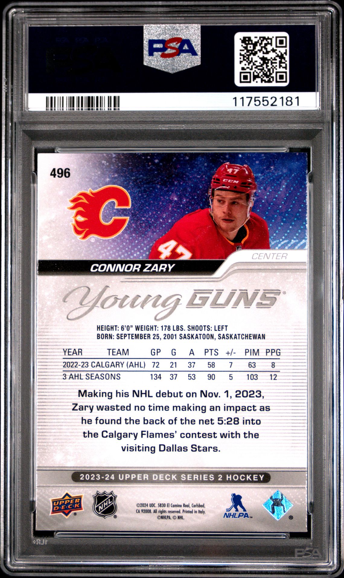 2023 Upper Deck Connor Zary #496 Mint 9 back