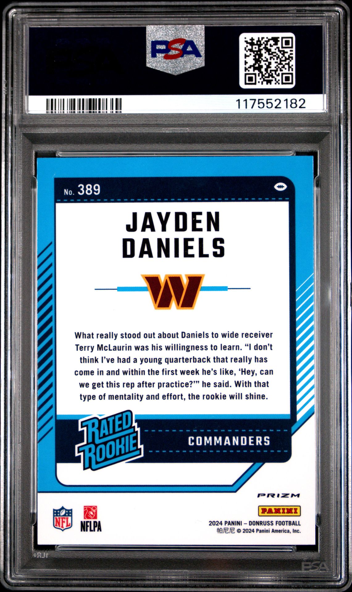 2024 Panini Donruss Jayden Daniels #389 (Optic Preview-Pink) Gem Mt 10 back