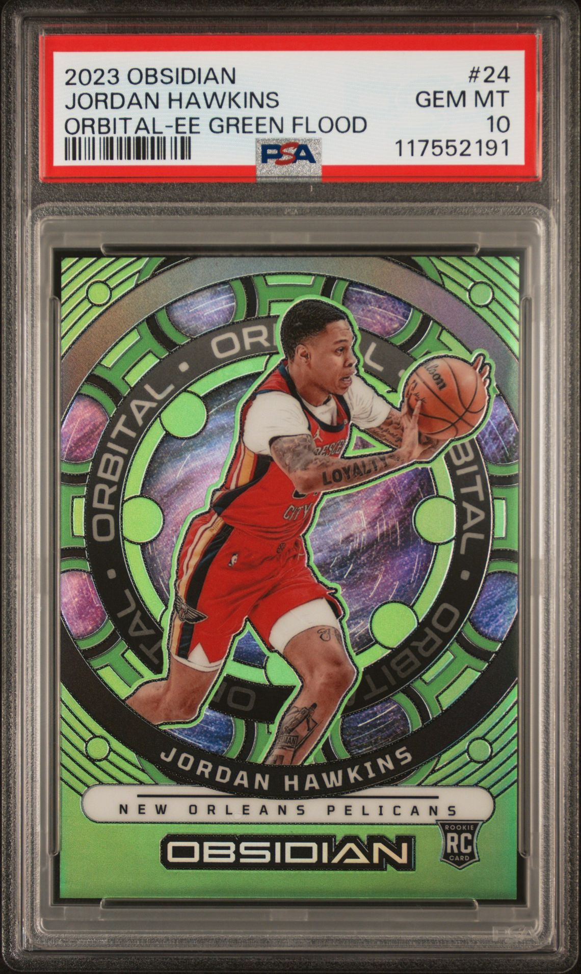 2023 Panini Obsidian Orbital Jordan Hawkins #24 (Orbital-Ee Green Flood) Gem Mt 10 front